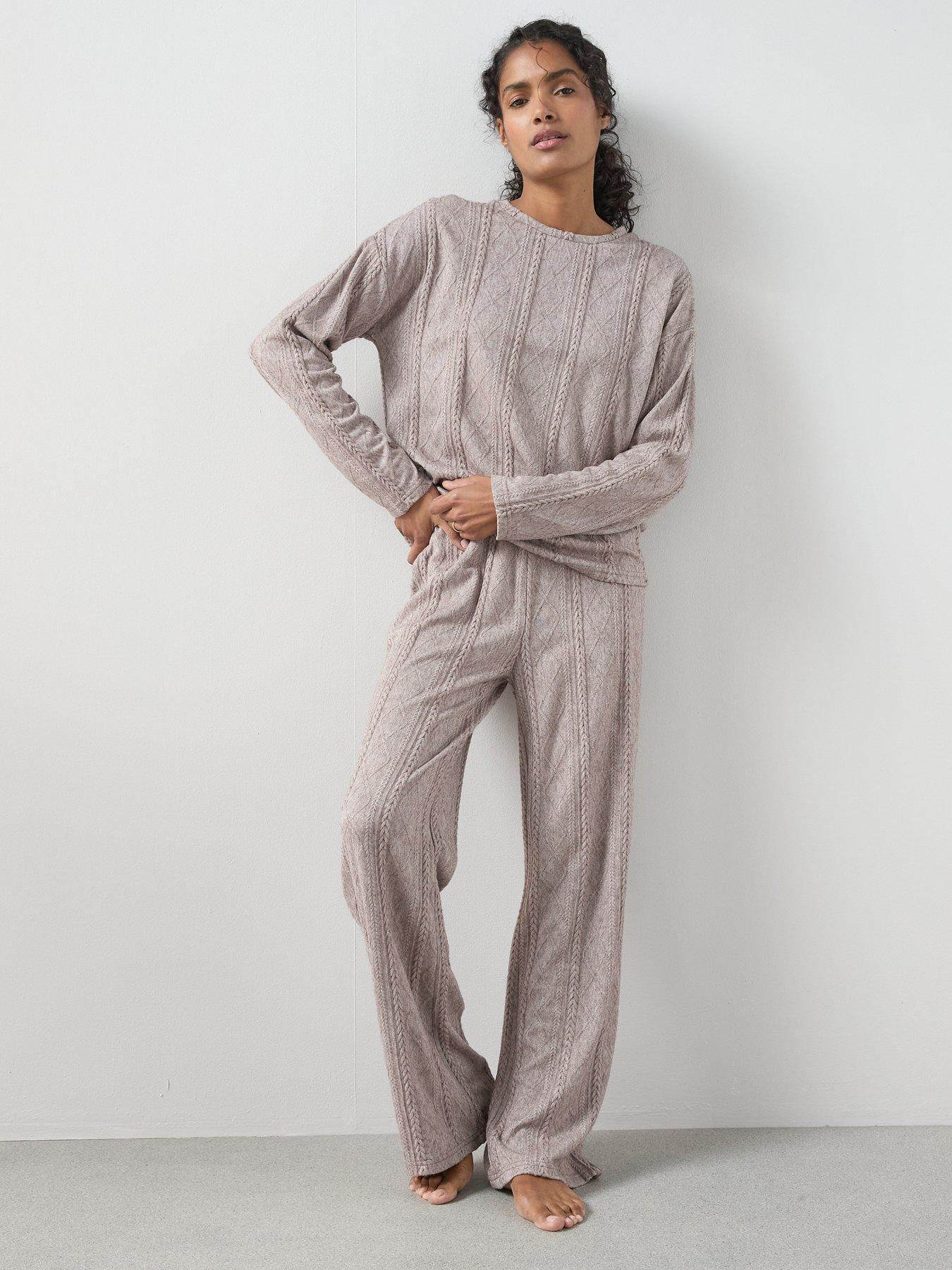  image of the-very-collection-cable-knit-long-sleeve-and-wide-leg-lounge-set-brown