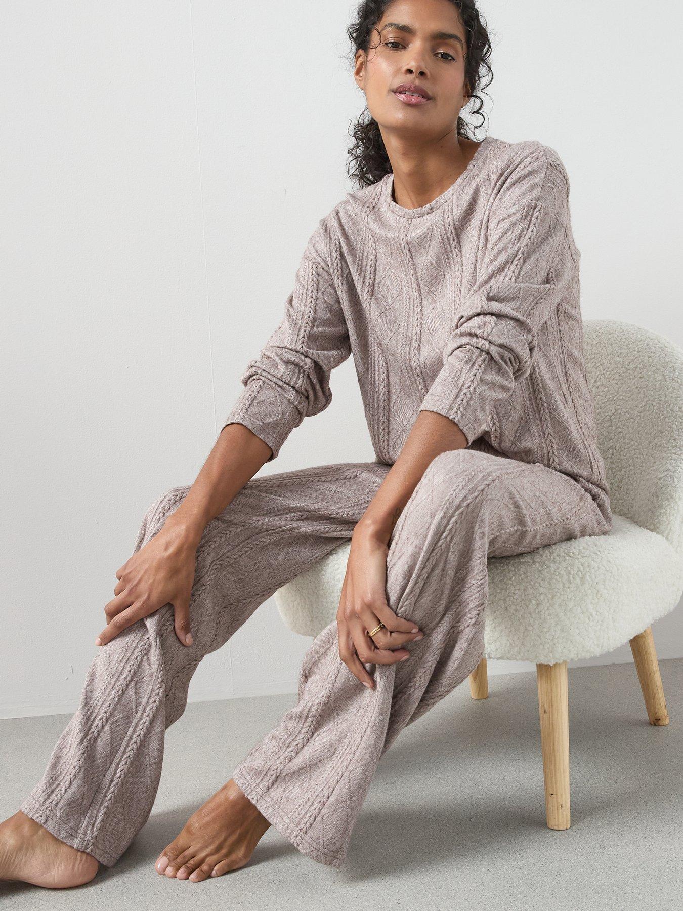  image of the-very-collection-cable-knit-long-sleeve-and-wide-leg-lounge-set-brown