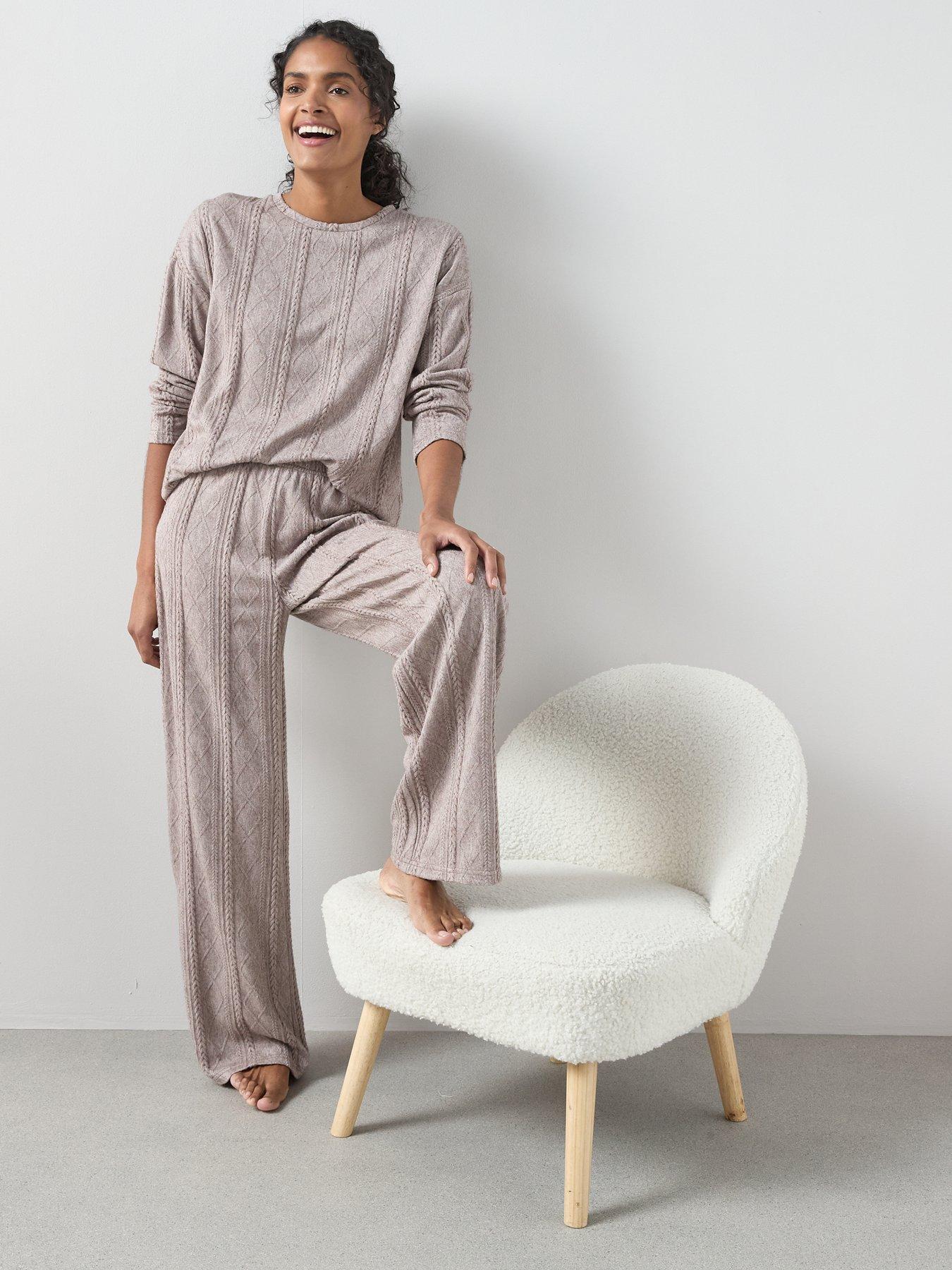  image of the-very-collection-cable-knit-long-sleeve-and-wide-leg-lounge-set-brown