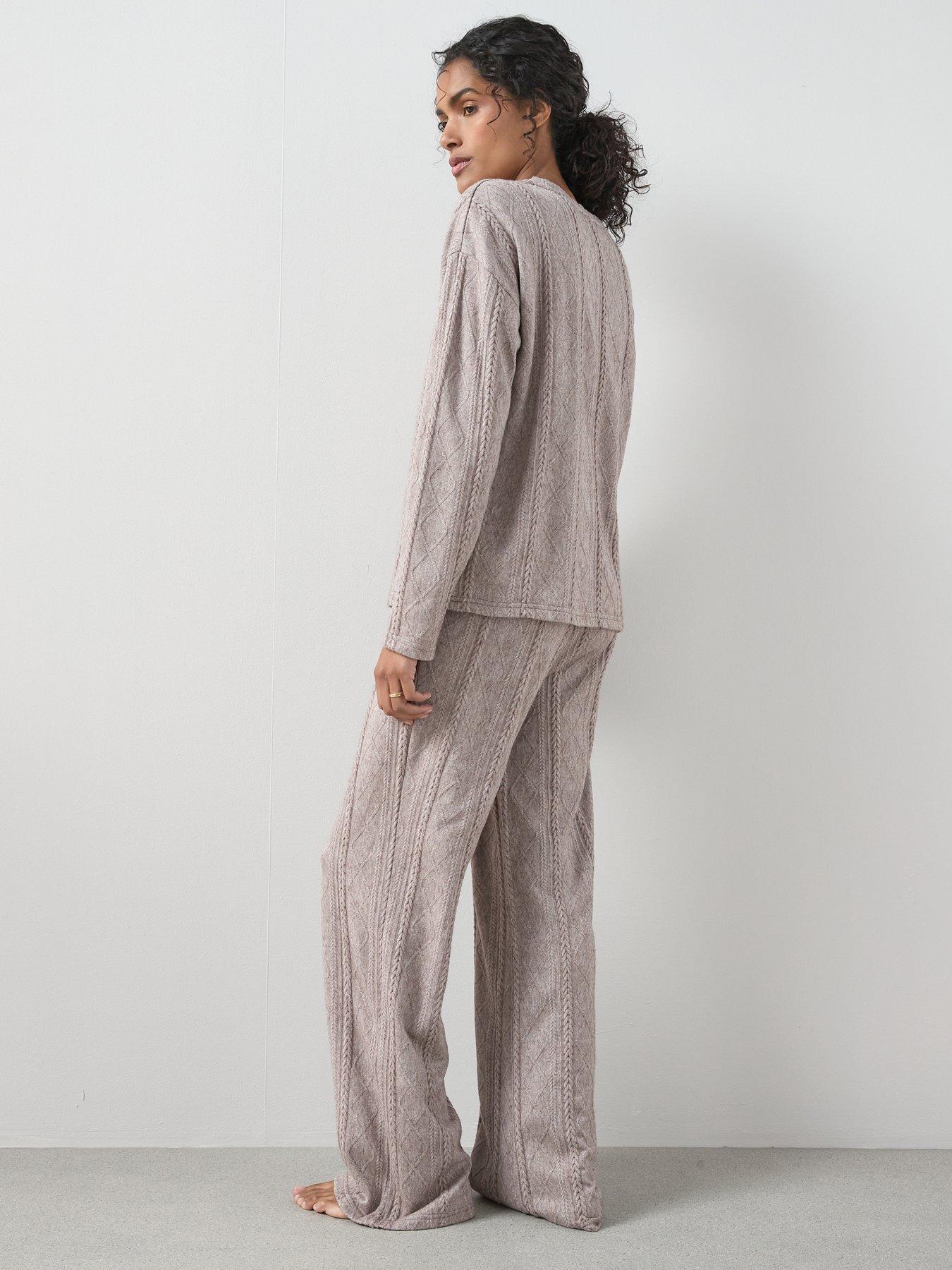  image of the-very-collection-cable-knit-long-sleeve-and-wide-leg-lounge-set-brown