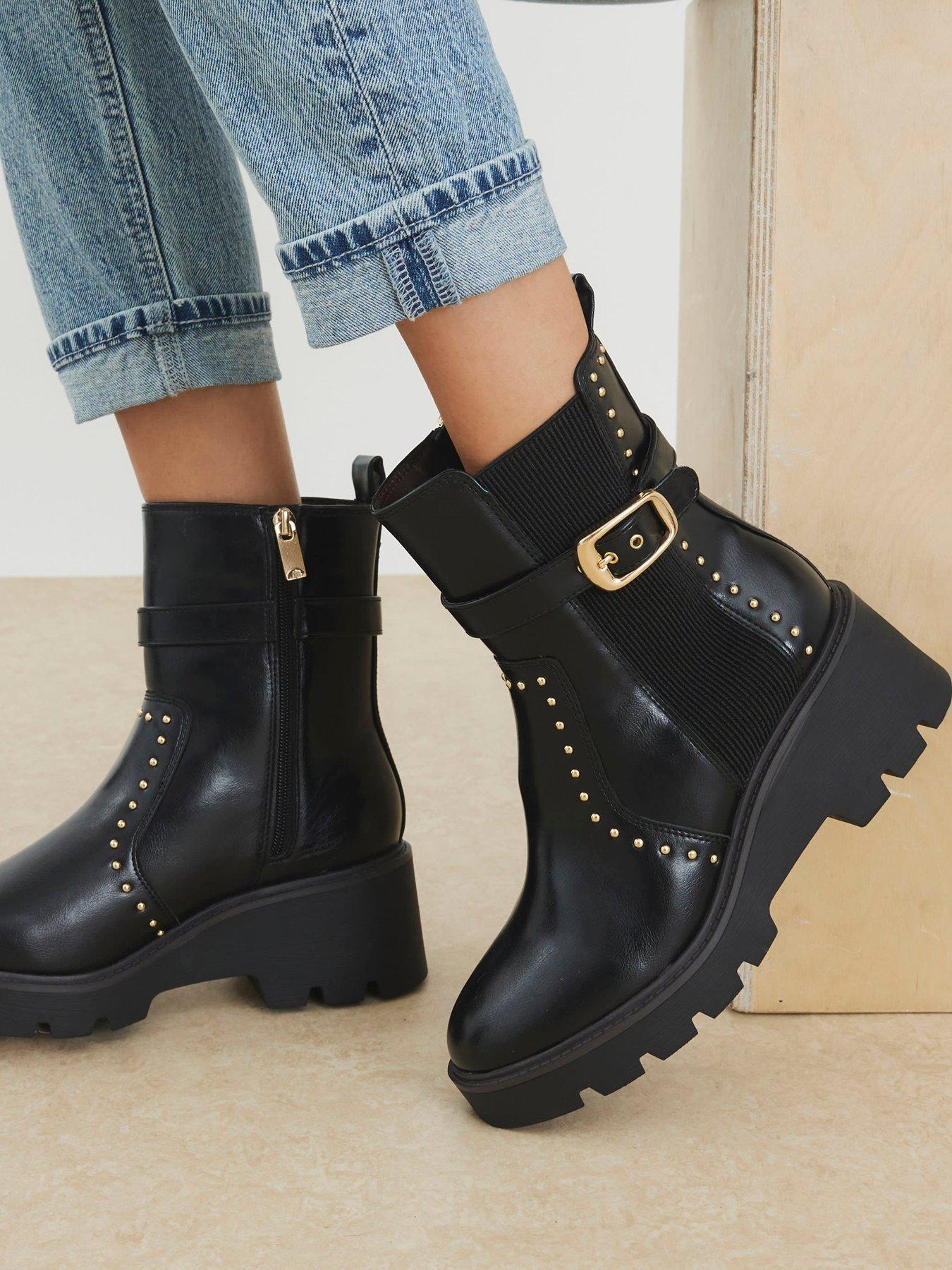 River Island Studded Buckle Wedge Boot - Black