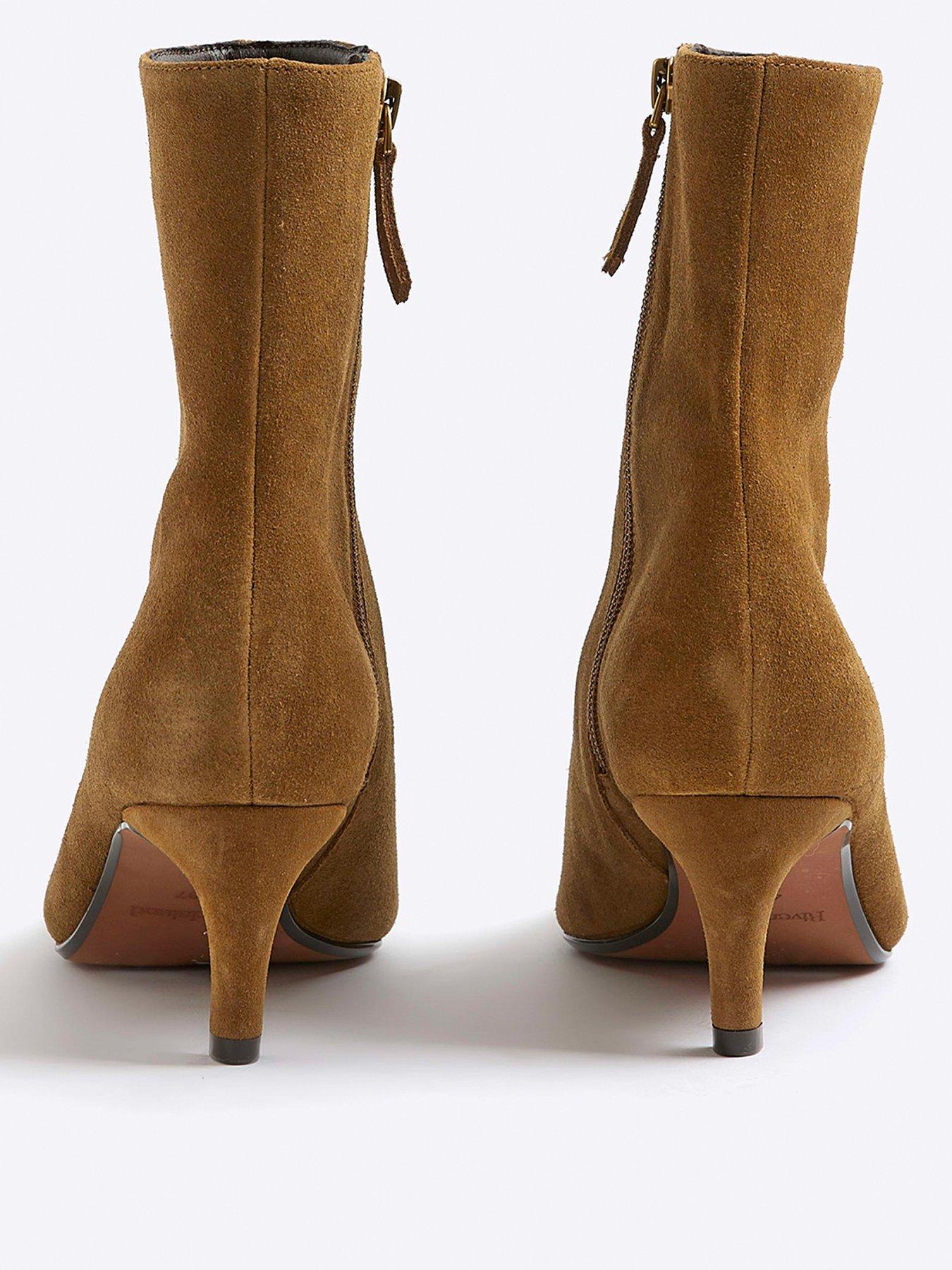Image 2 of 6 of River Island Wide Suede Point Kitten Heel Boot - Brown