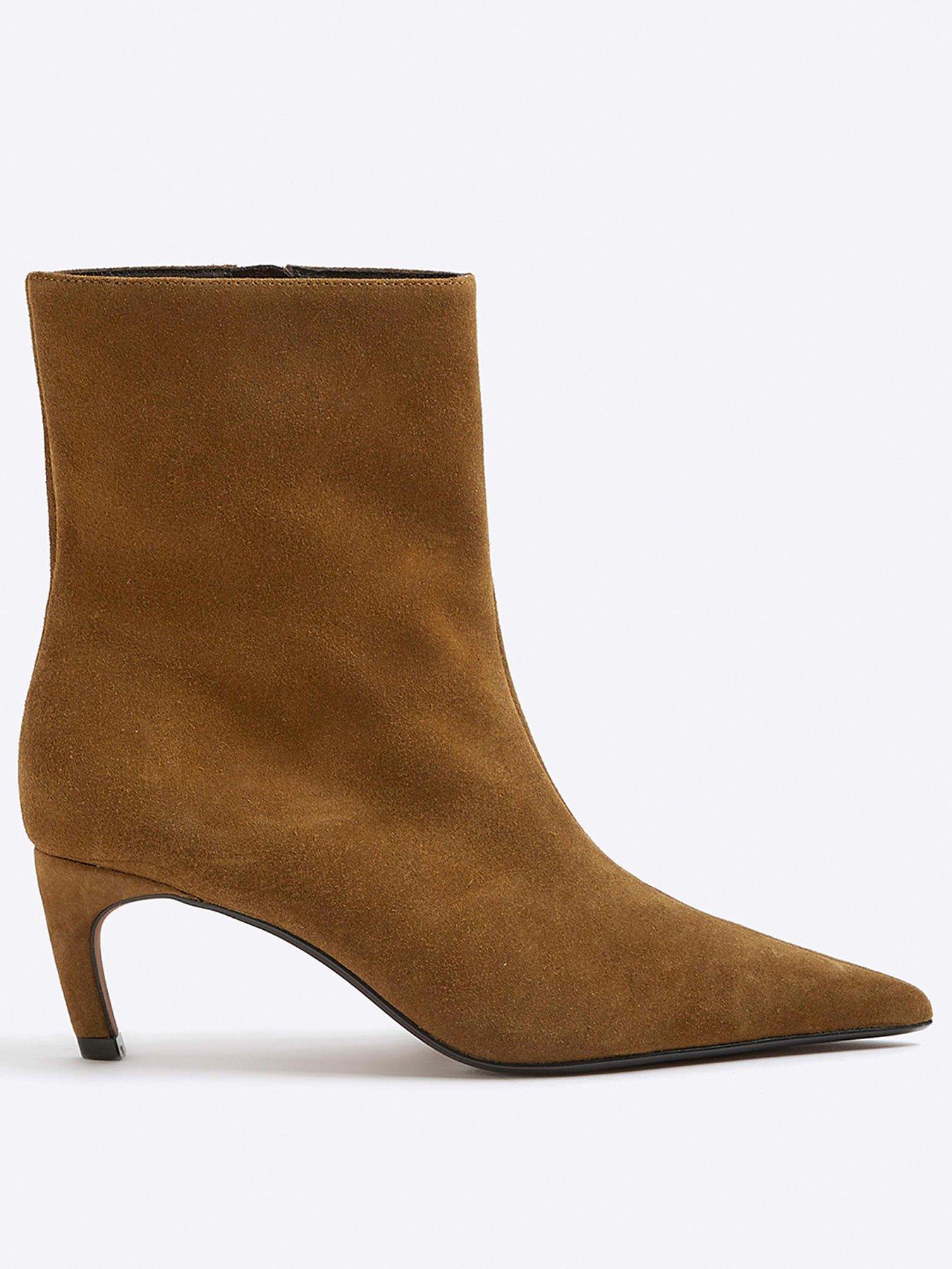 Image 3 of 6 of River Island Wide Suede Point Kitten Heel Boot - Brown