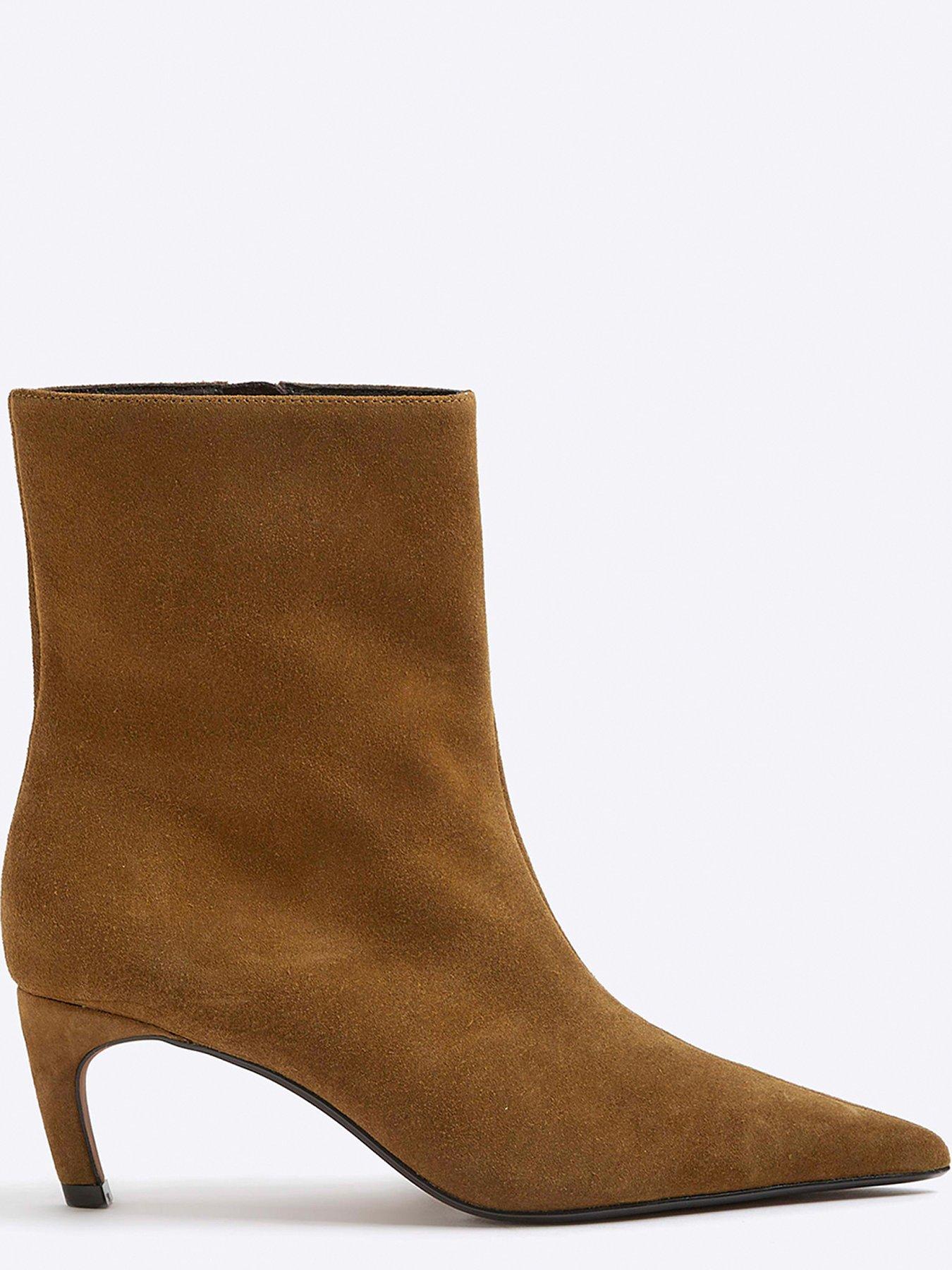 Image 5 of 6 of River Island Wide Suede Point Kitten Heel Boot - Brown