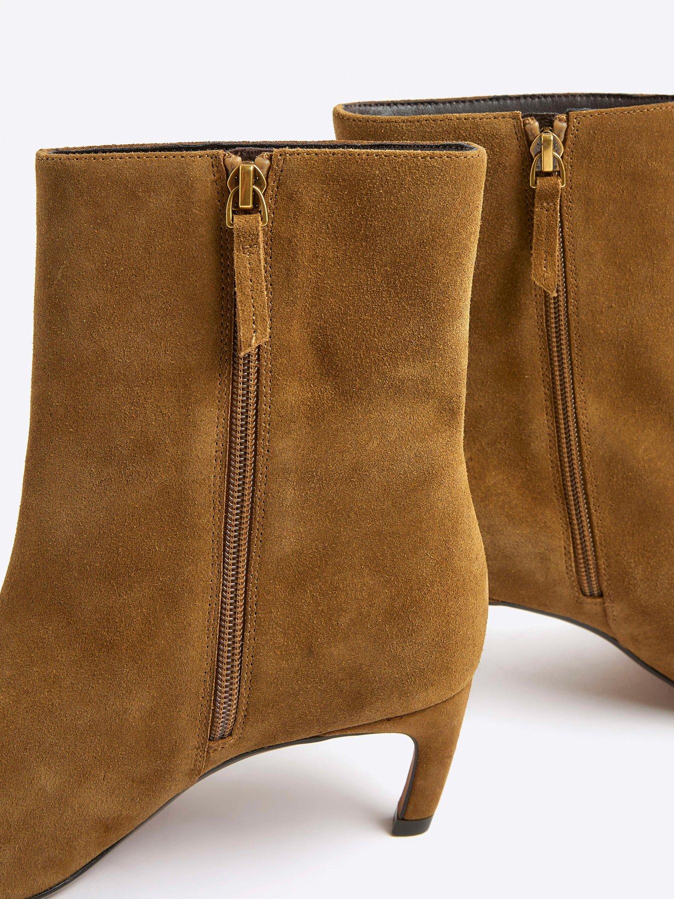 Image 6 of 6 of River Island Wide Suede Point Kitten Heel Boot - Brown