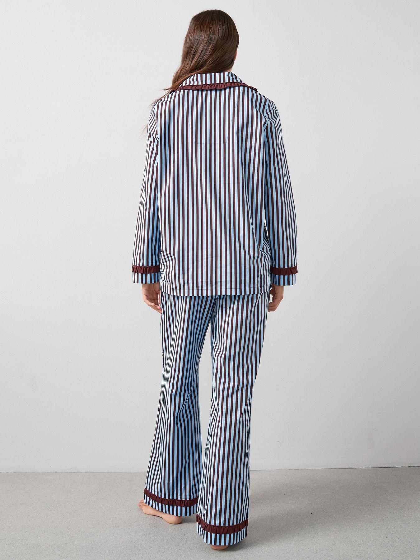  image of the-very-collection-contrast-collar-stripe-cotton-revere-pyjama-set-blue