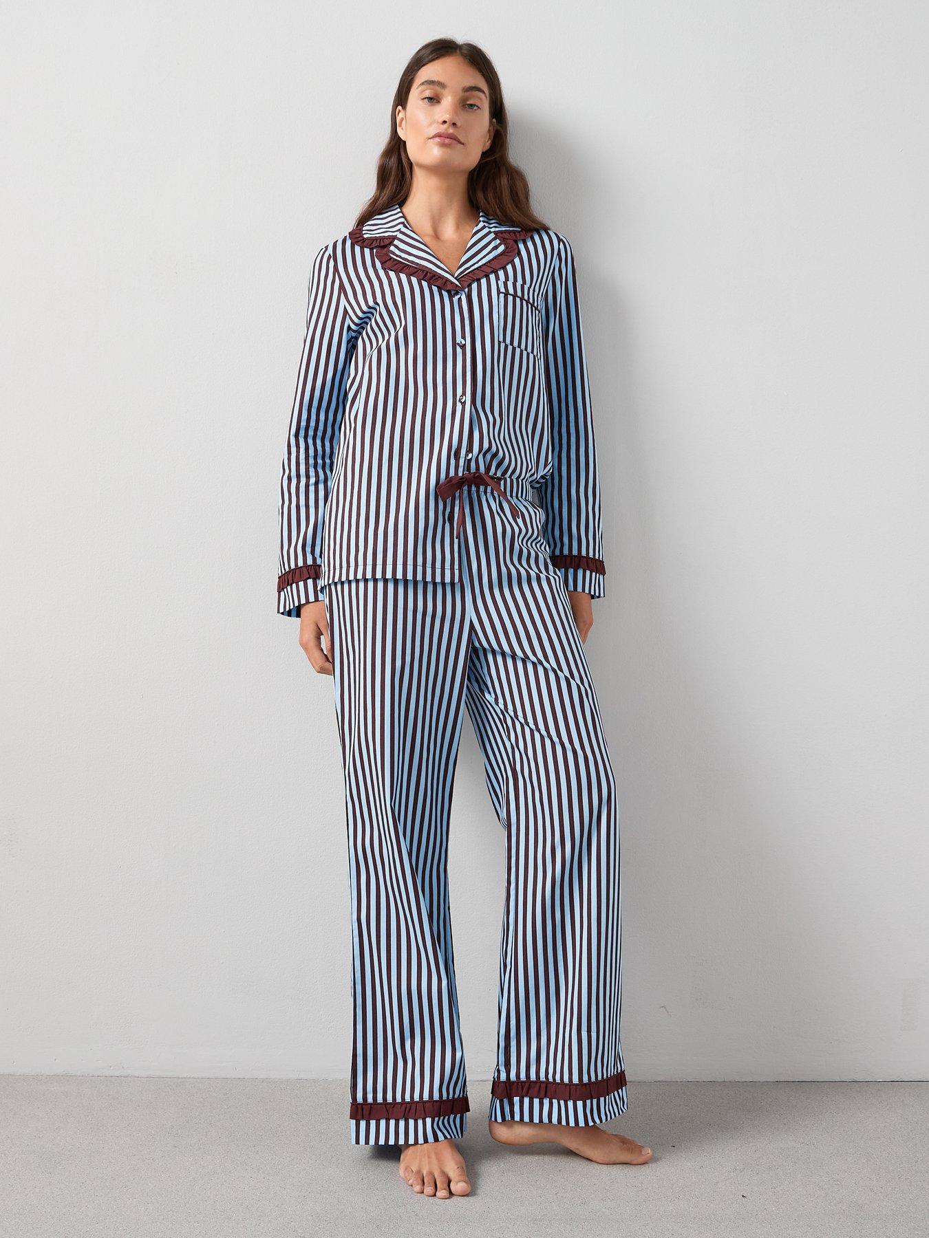  image of the-very-collection-contrast-collar-stripe-cotton-revere-pyjama-set-blue