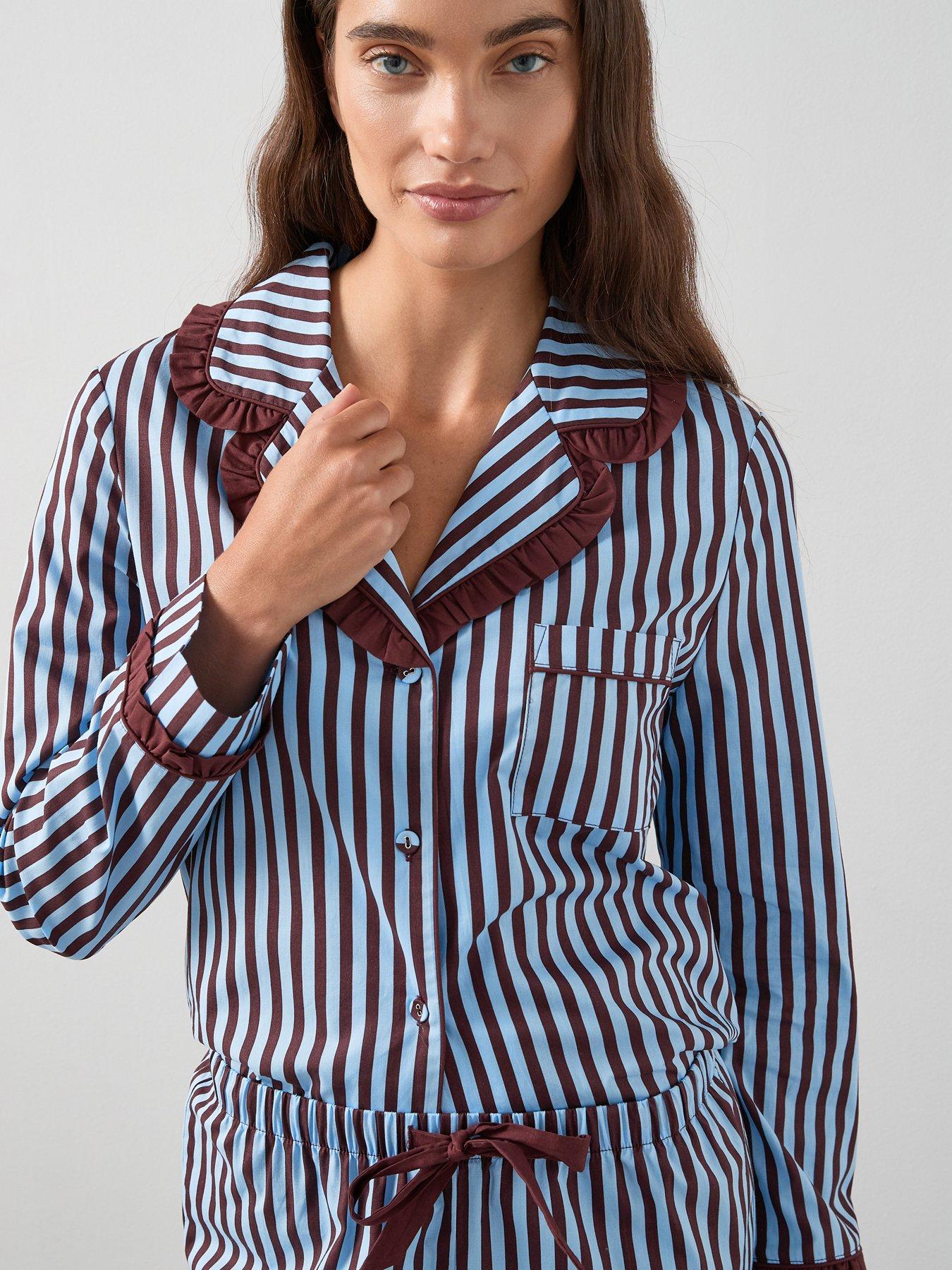  image of the-very-collection-contrast-collar-stripe-cotton-revere-pyjama-set-blue