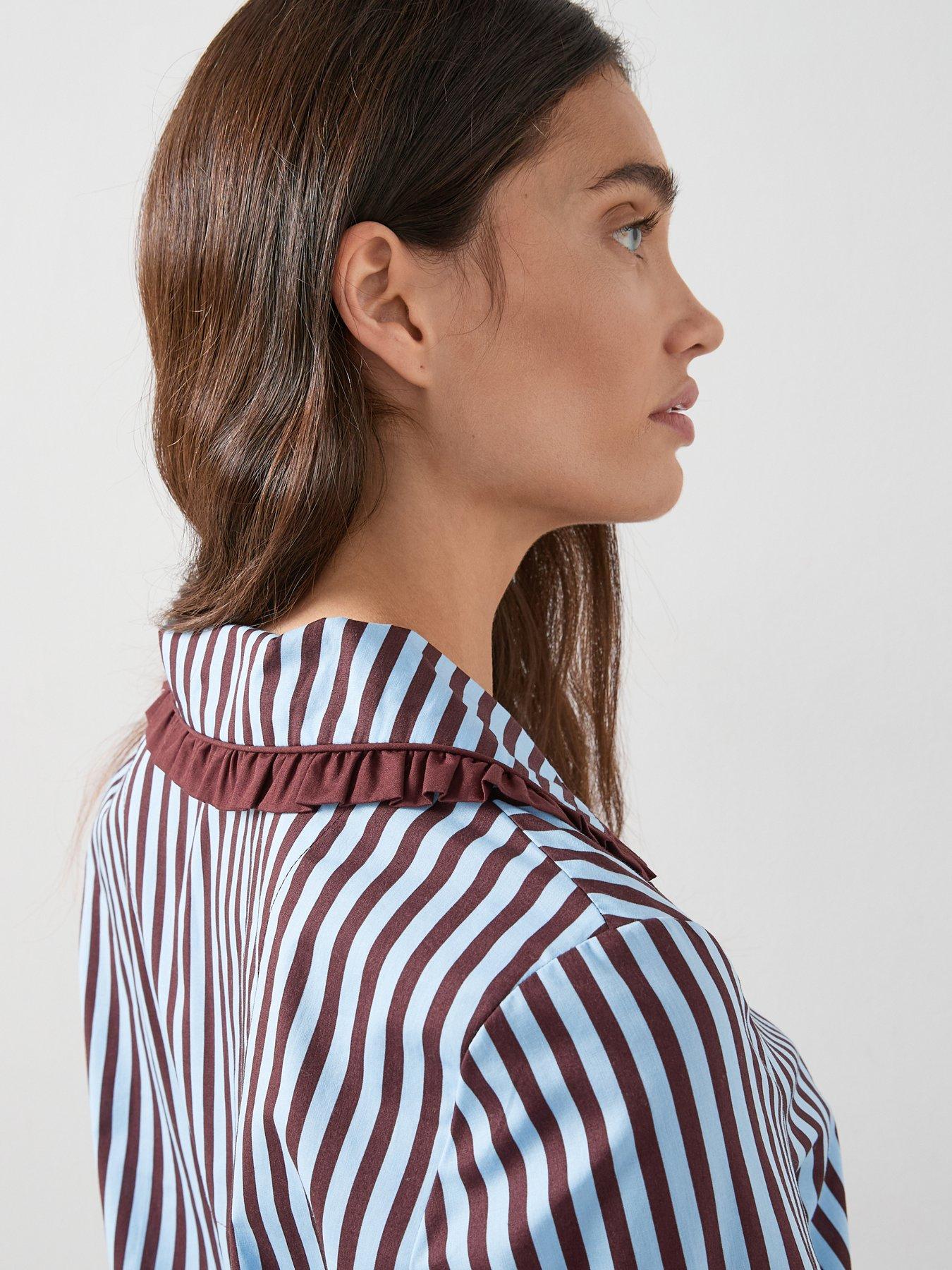  image of the-very-collection-contrast-collar-stripe-cotton-revere-pyjama-set-blue