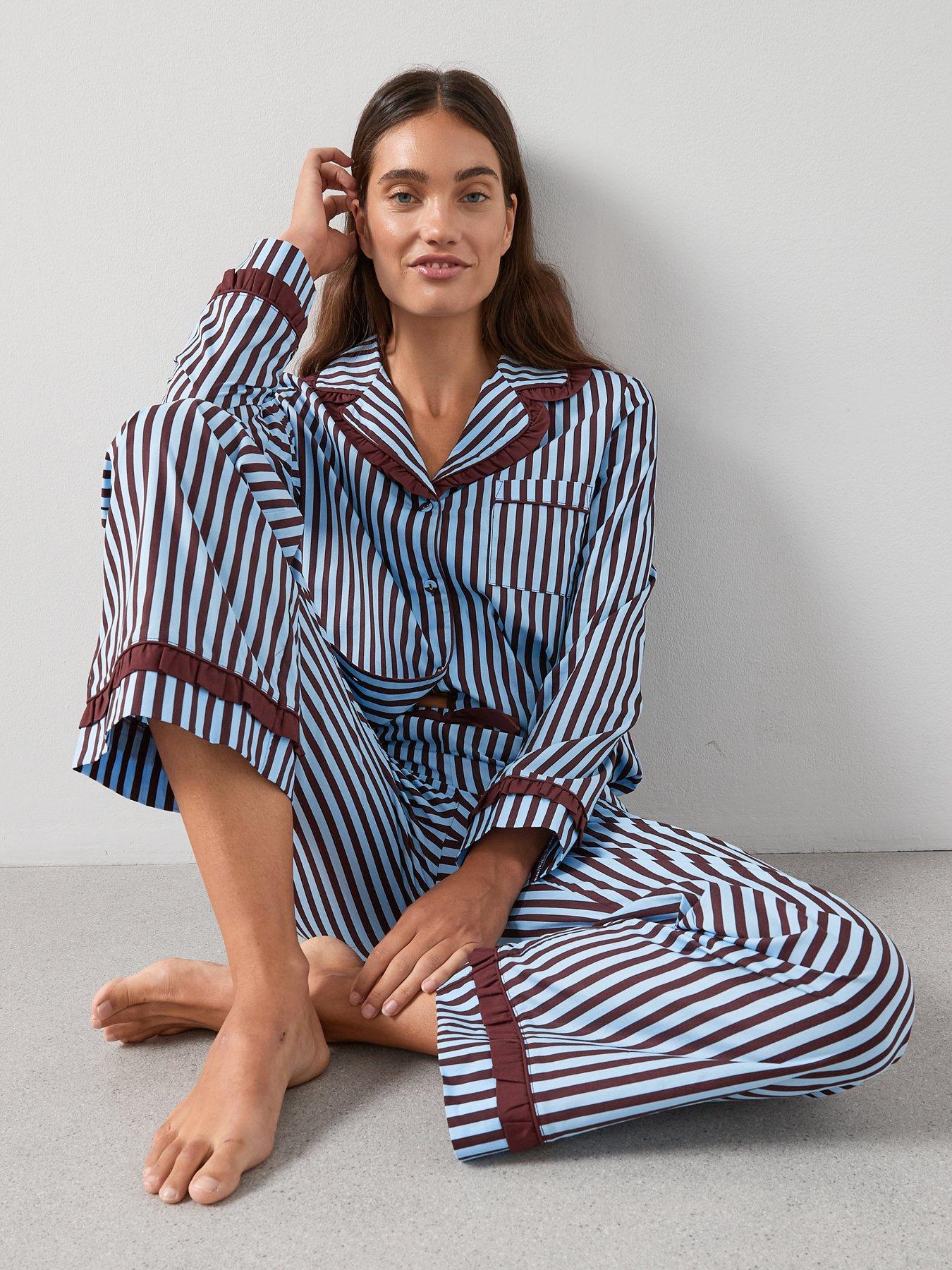  image of the-very-collection-contrast-collar-stripe-cotton-revere-pyjama-set-blue