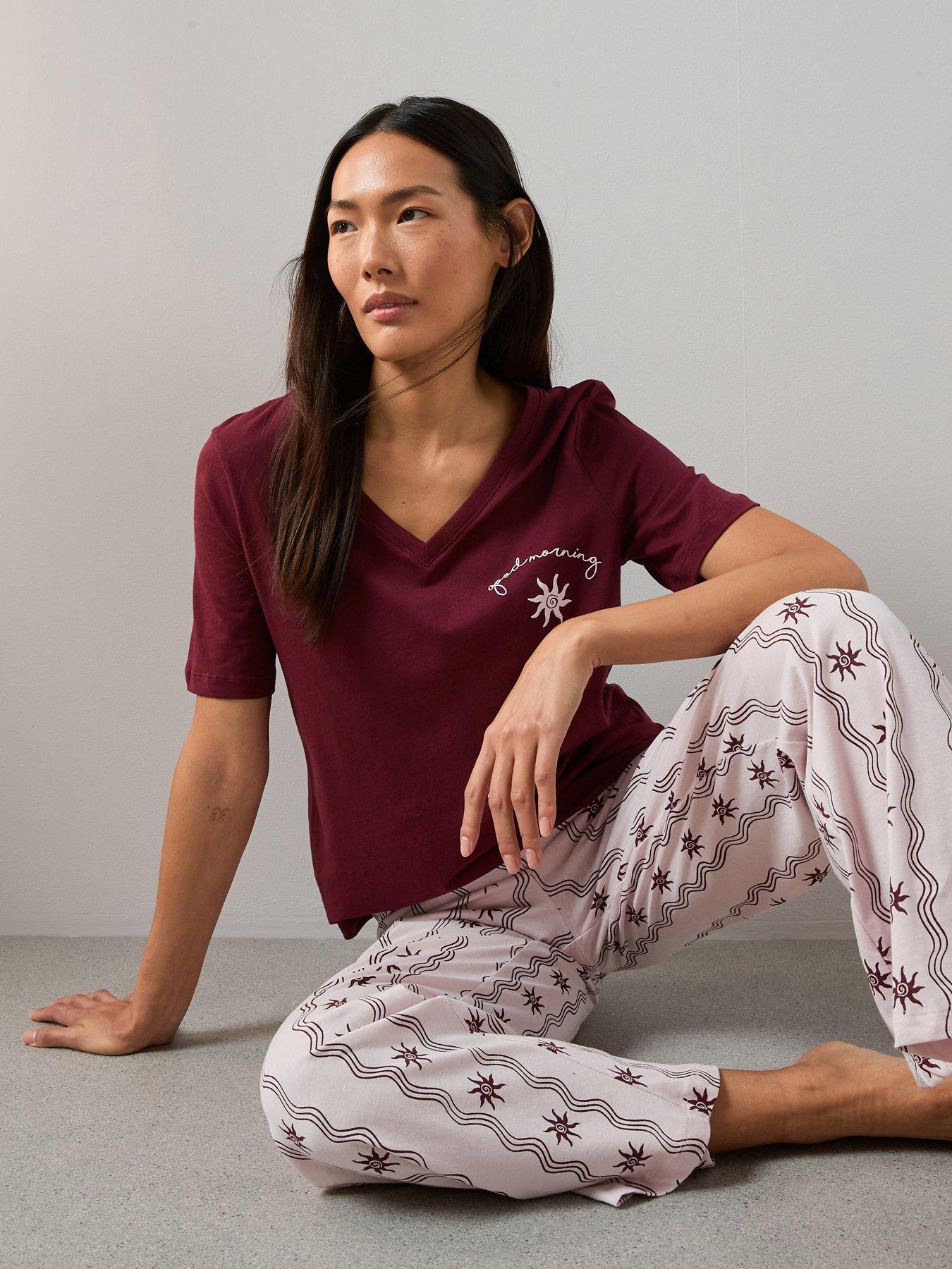 The Very Collection V Neck Sun Abstract Print Tshirt And Wide Leg Pyjama Bottoms - Pink