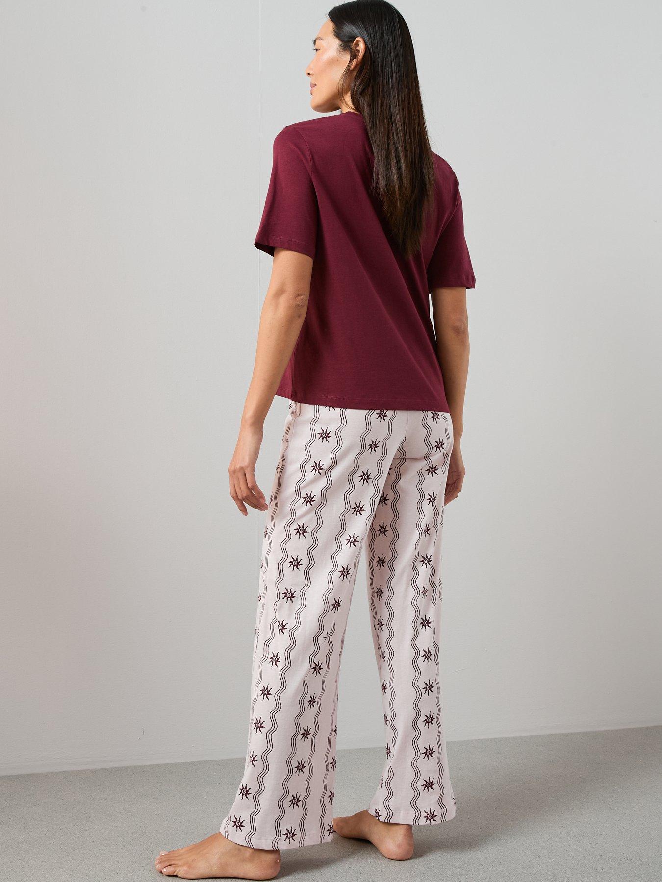  image of the-very-collection-v-neck-sun-abstract-print-tshirt-and-wide-leg-pyjama-bottoms-pink