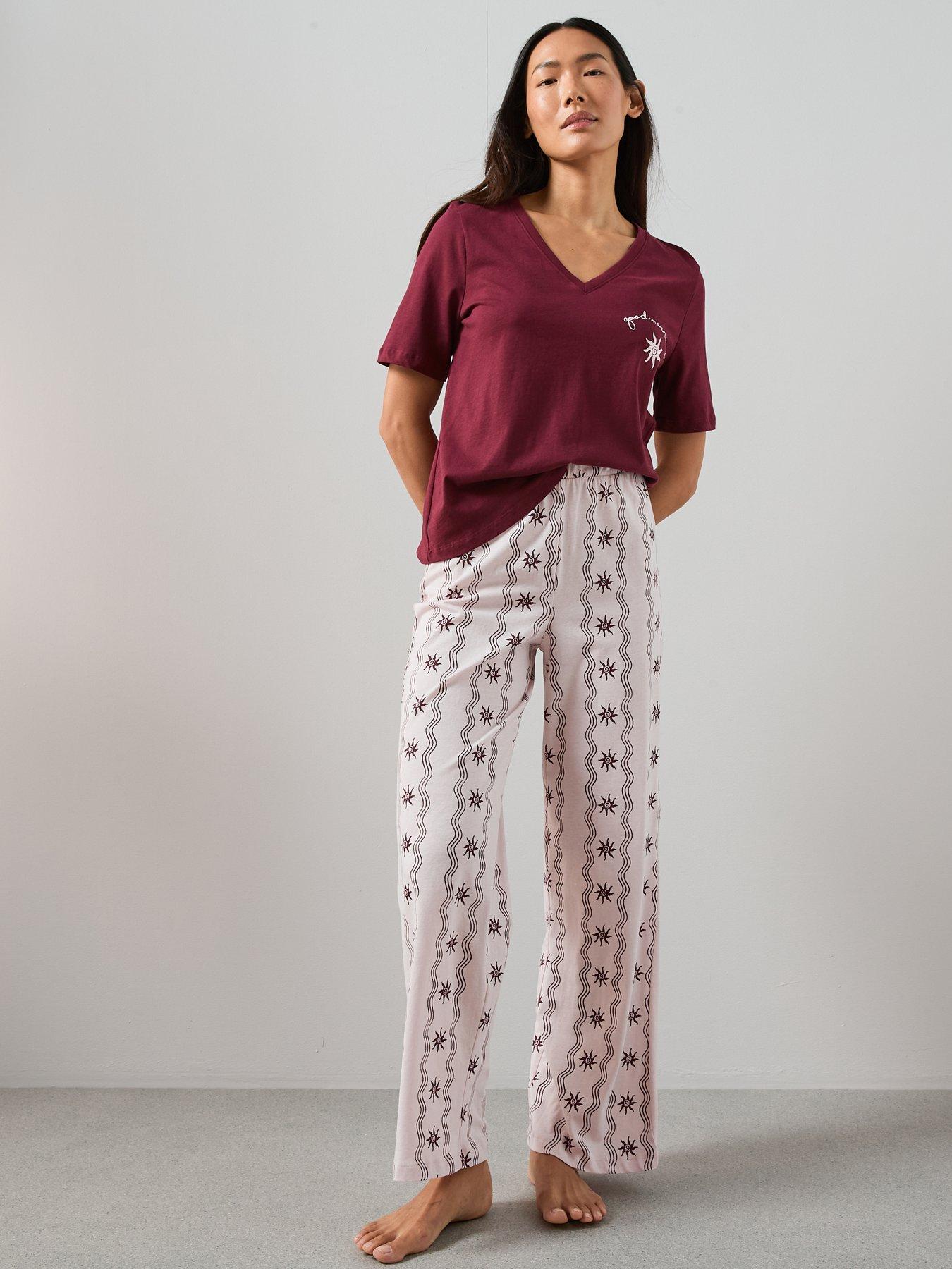  image of the-very-collection-v-neck-sun-abstract-print-tshirt-and-wide-leg-pyjama-bottoms-pink