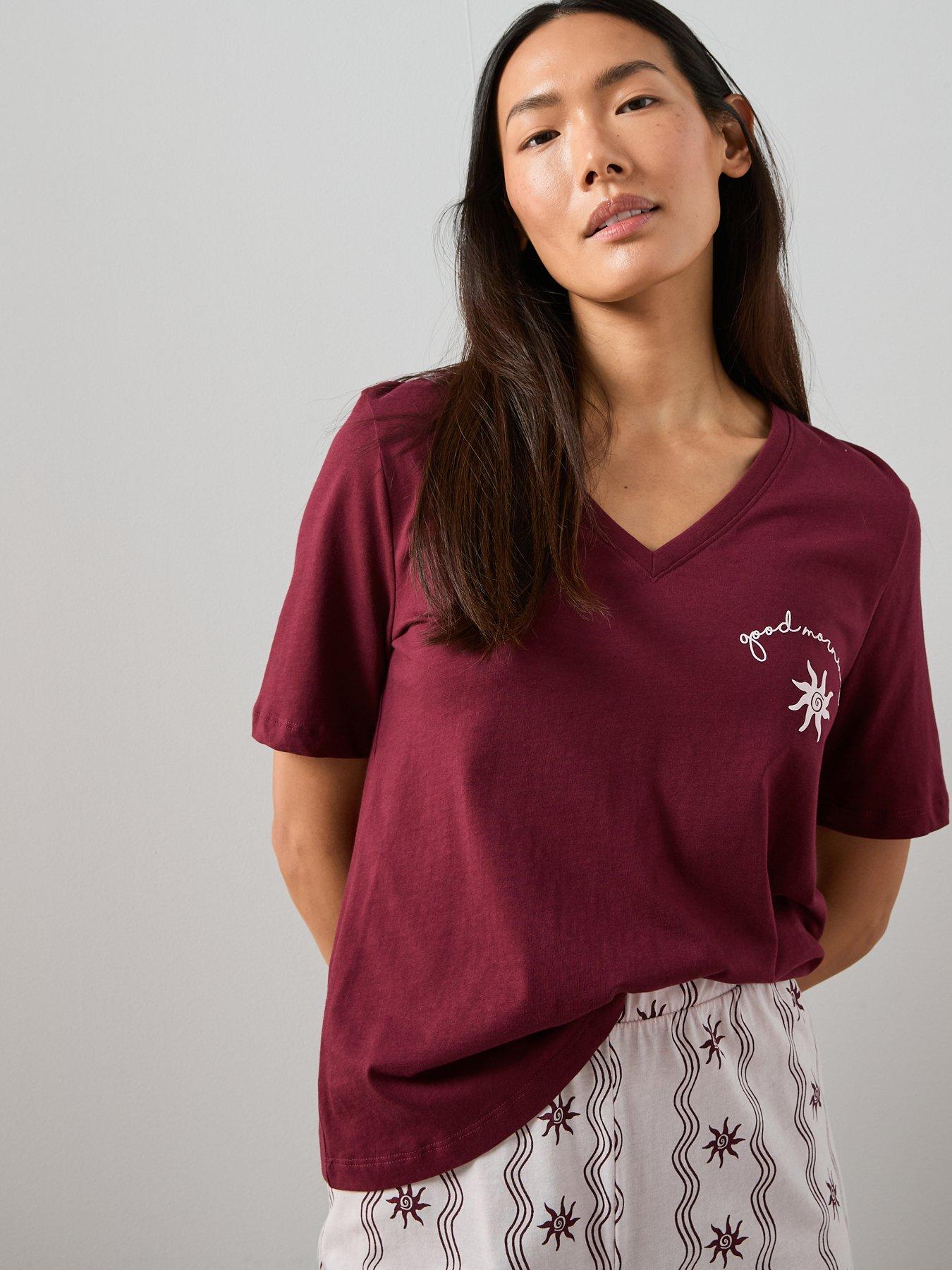  image of the-very-collection-v-neck-sun-abstract-print-tshirt-and-wide-leg-pyjama-bottoms-pink