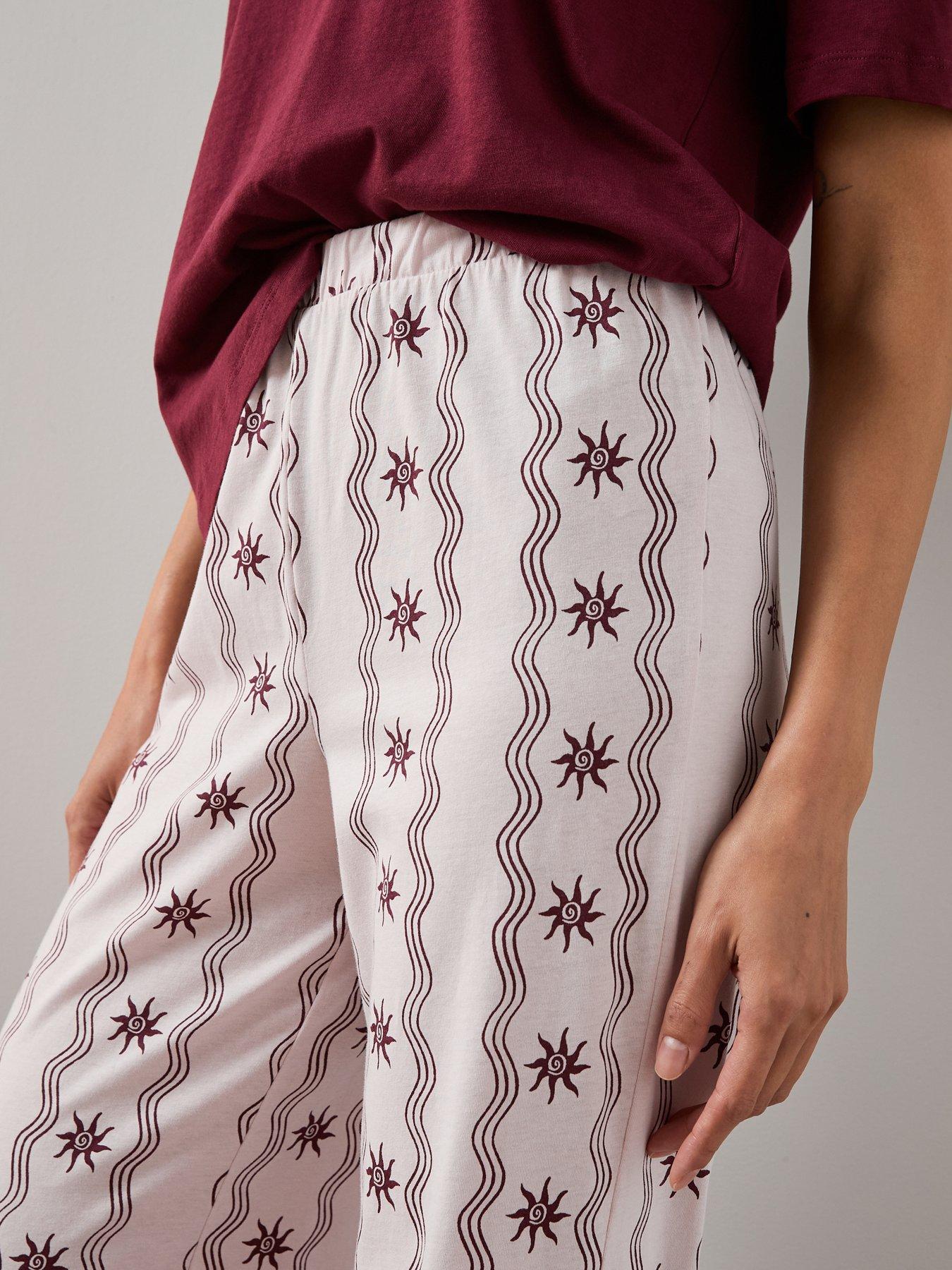  image of the-very-collection-v-neck-sun-abstract-print-tshirt-and-wide-leg-pyjama-bottoms-pink