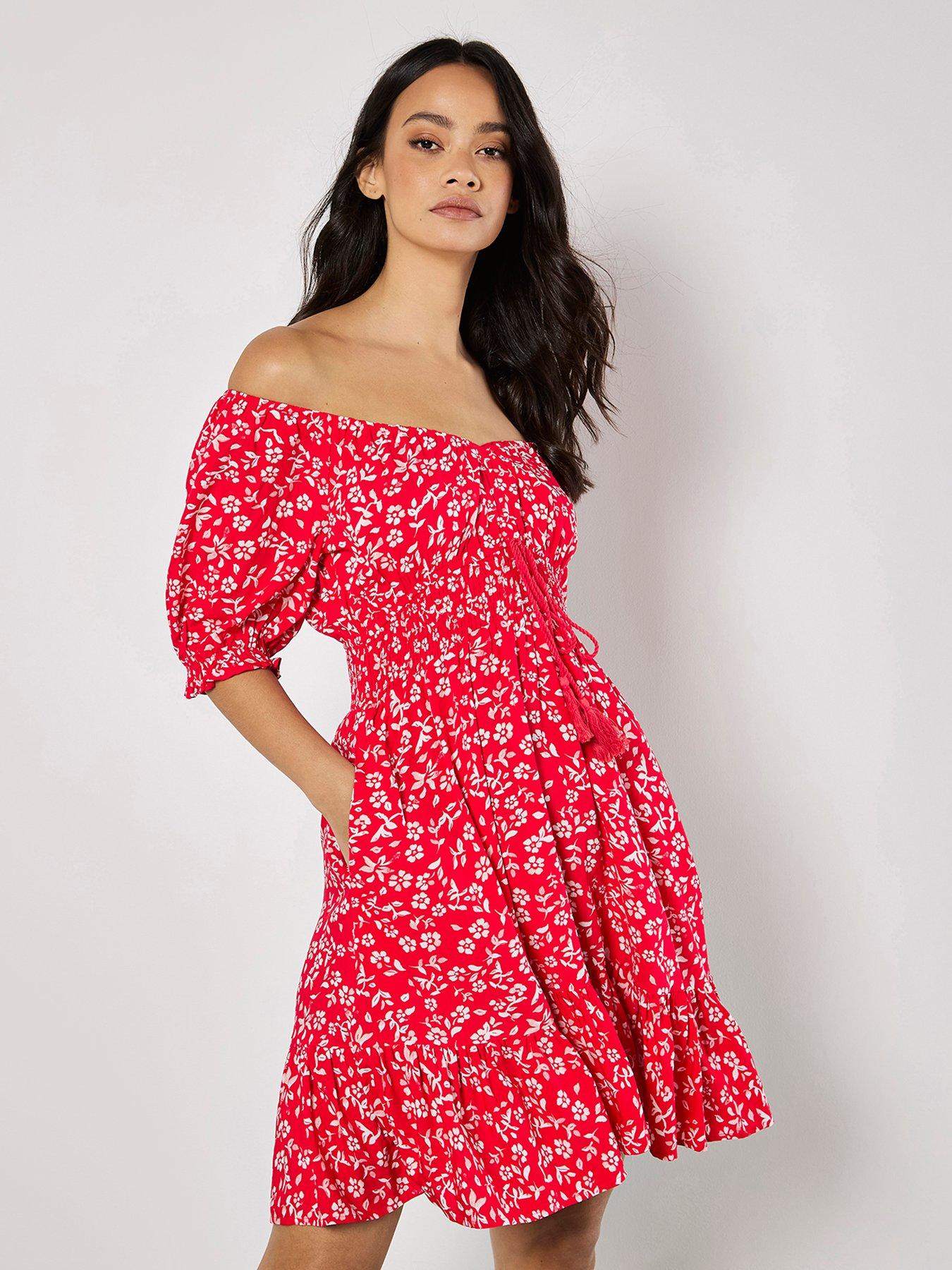 undefined Sarasa Floral Bardot Mini Dress - Red