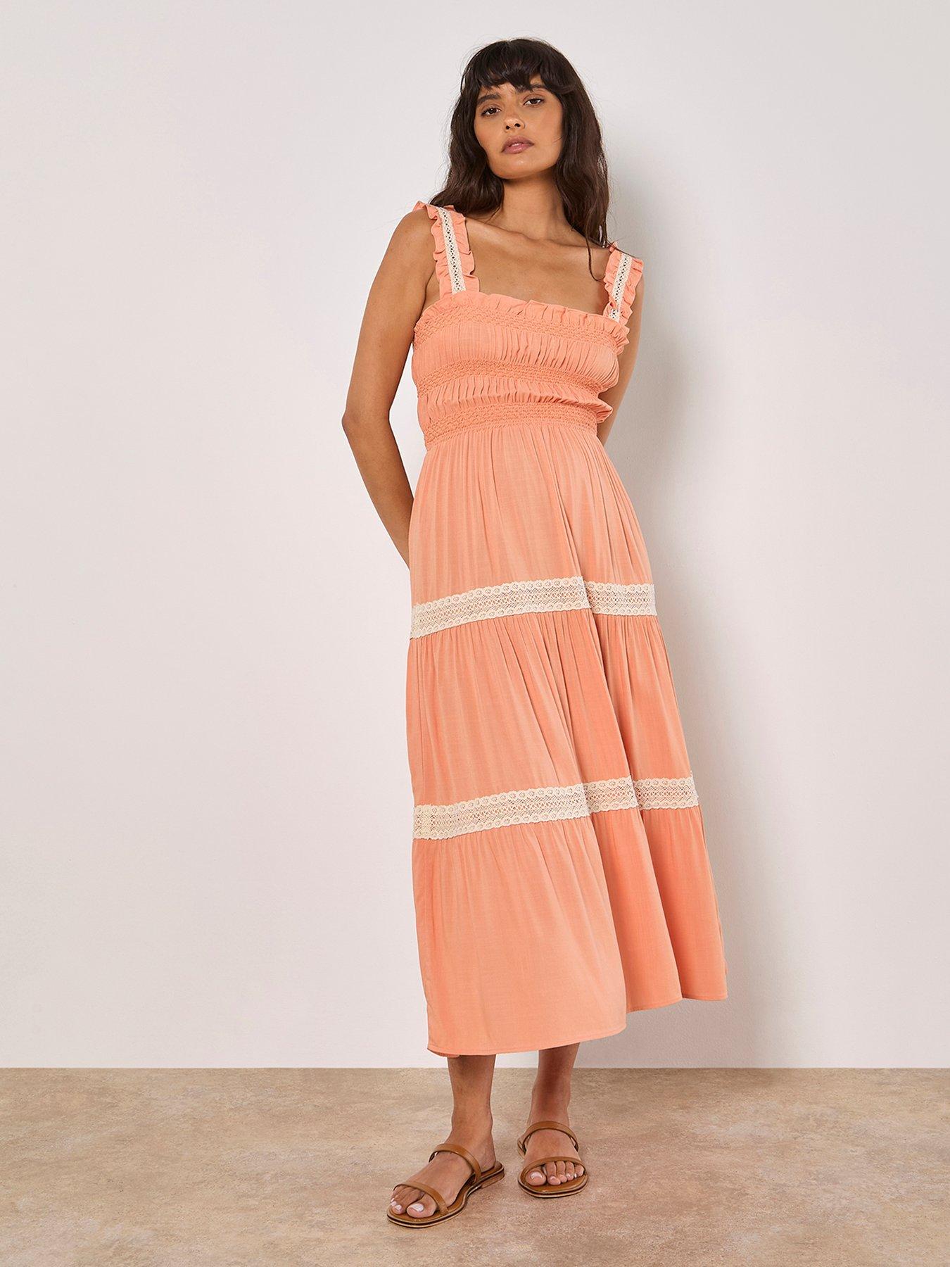 undefined Crochet Lace Tiered Midi Dress - Orange