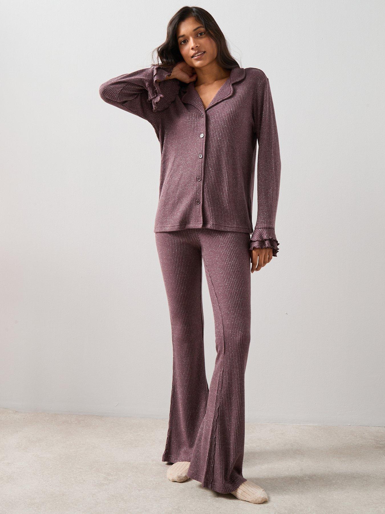 The Very Collection Glitter Flare Cuff Revere Pyjama Set - Purple