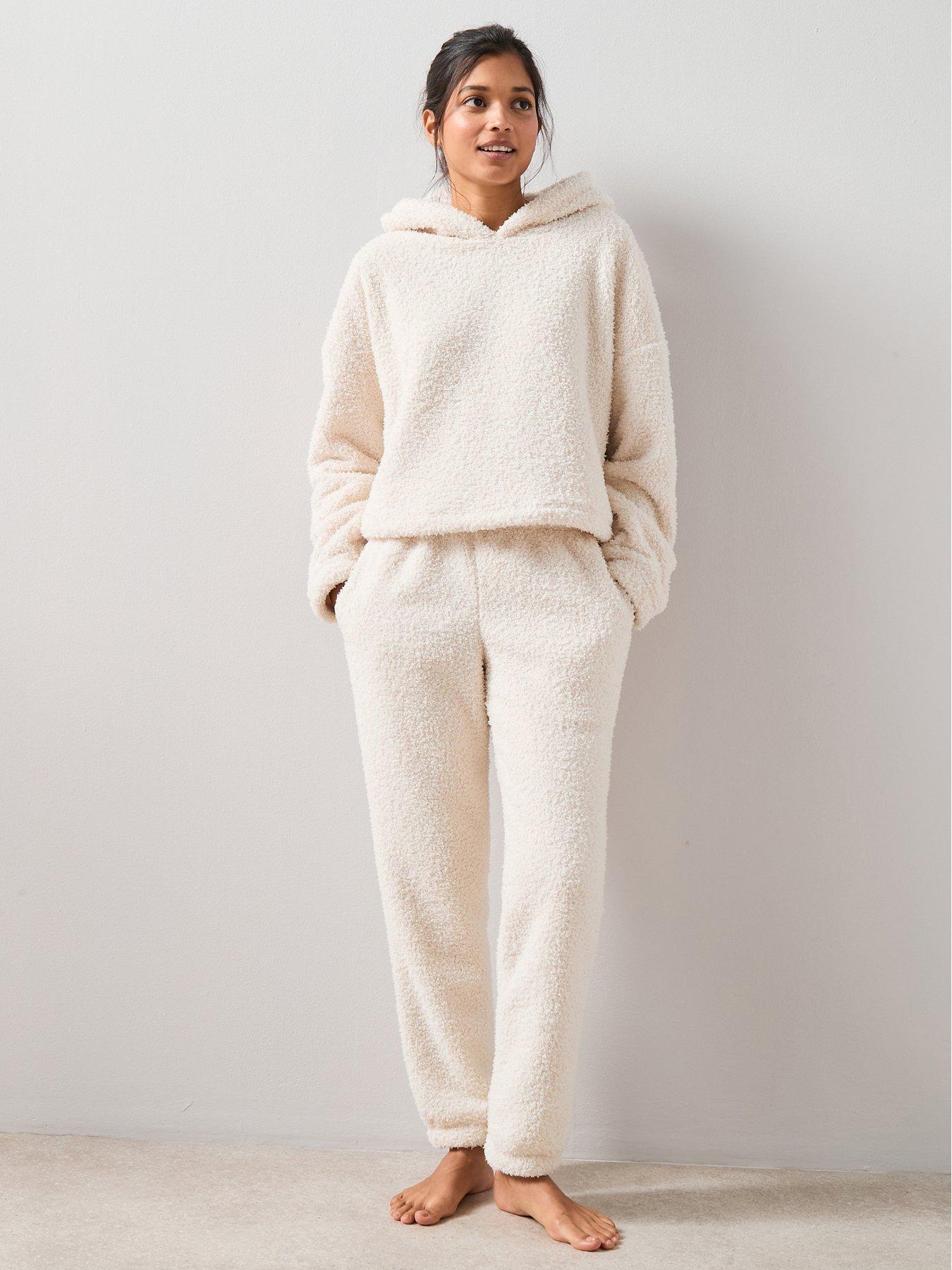 front image of the-very-collection-borg-hoody-and-jogger-set-cream