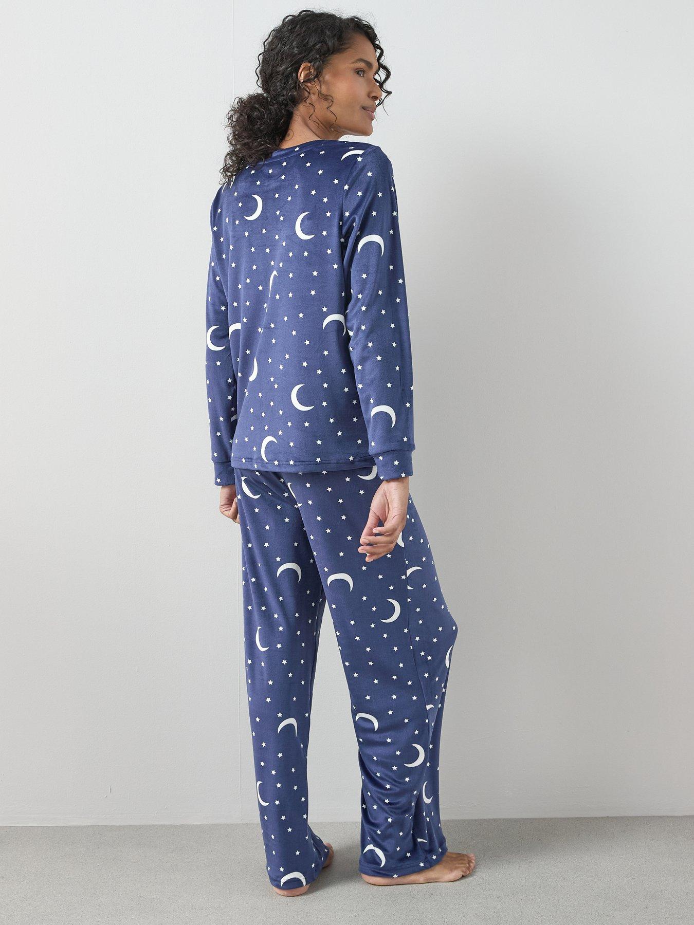 Image 2 of 6 of The Very Collection Soft Touch Long Sleeve Moon Print Wide Leg Pj Set - Navy