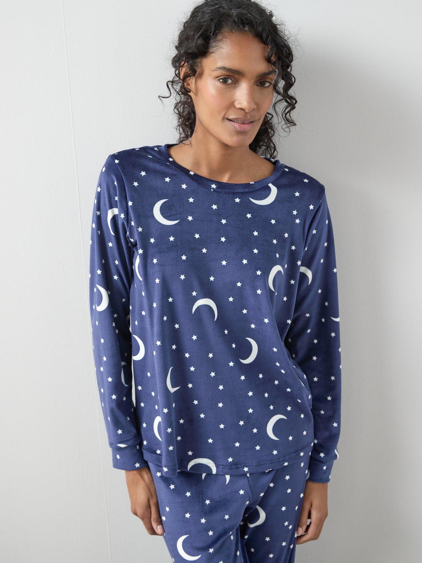 Image 5 of 6 of The Very Collection Soft Touch Long Sleeve Moon Print Wide Leg Pj Set - Navy