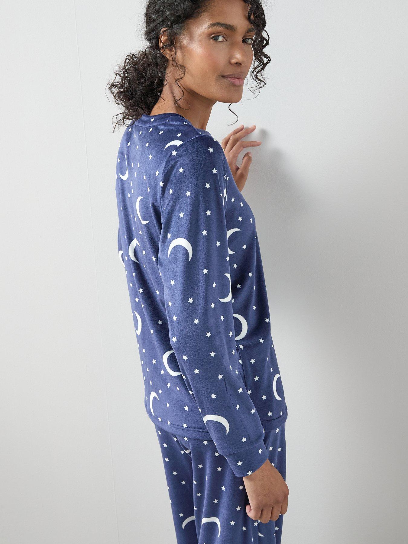Image 6 of 6 of The Very Collection Soft Touch Long Sleeve Moon Print Wide Leg Pj Set - Navy