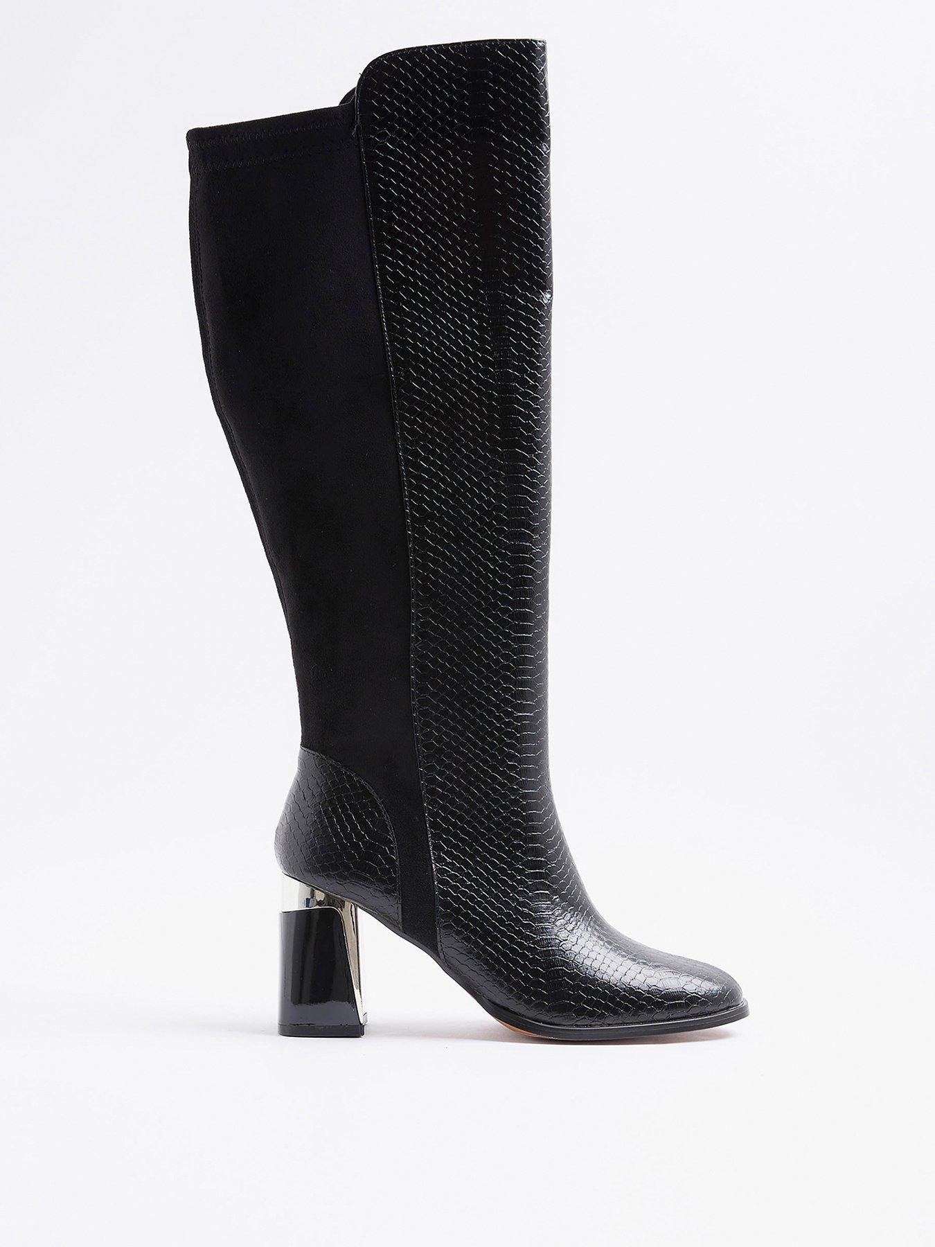 River Island Wide Metal Heel Knee High Boot - Black
