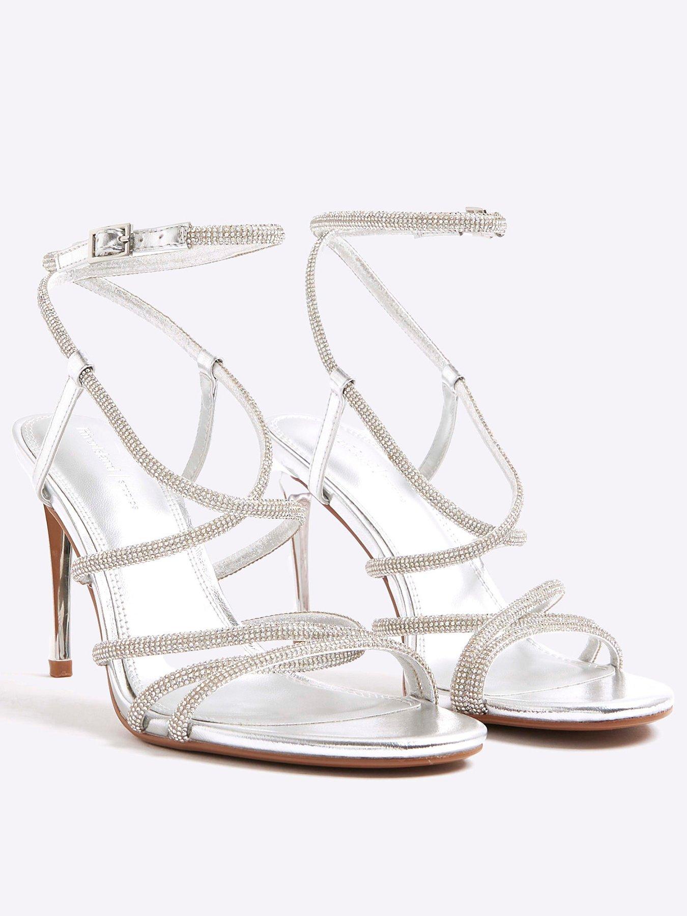  image of river-island-diamante-strap-heeled-sandals-silver