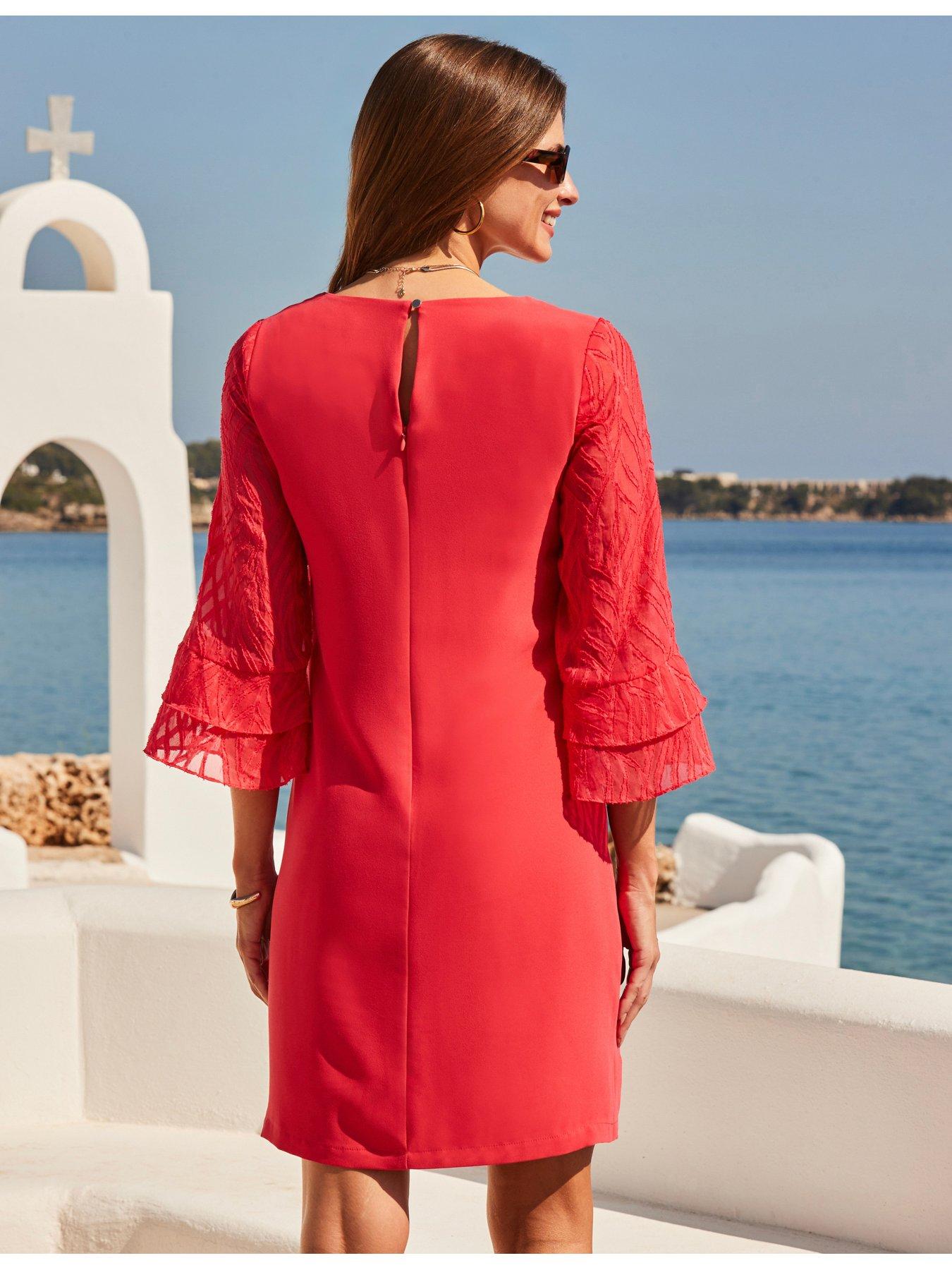 Image 2 of 5 of Sosandar Coral Textured Flutter Sleeve Shift Dress - Pink