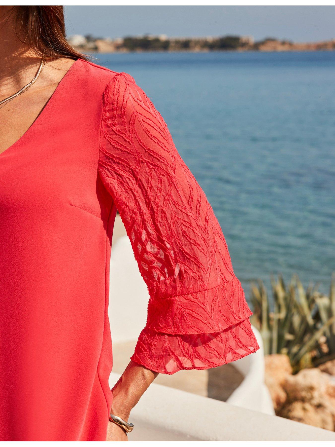 Image 3 of 5 of Sosandar Coral Textured Flutter Sleeve Shift Dress - Pink