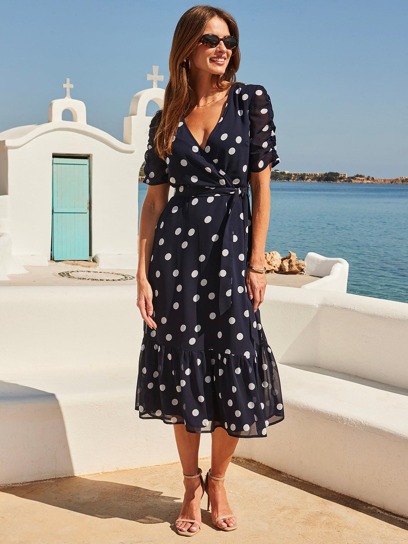 Image 1 of 5 of Sosandar Spot Print Belted Faux Wrap Dress - Blue / White