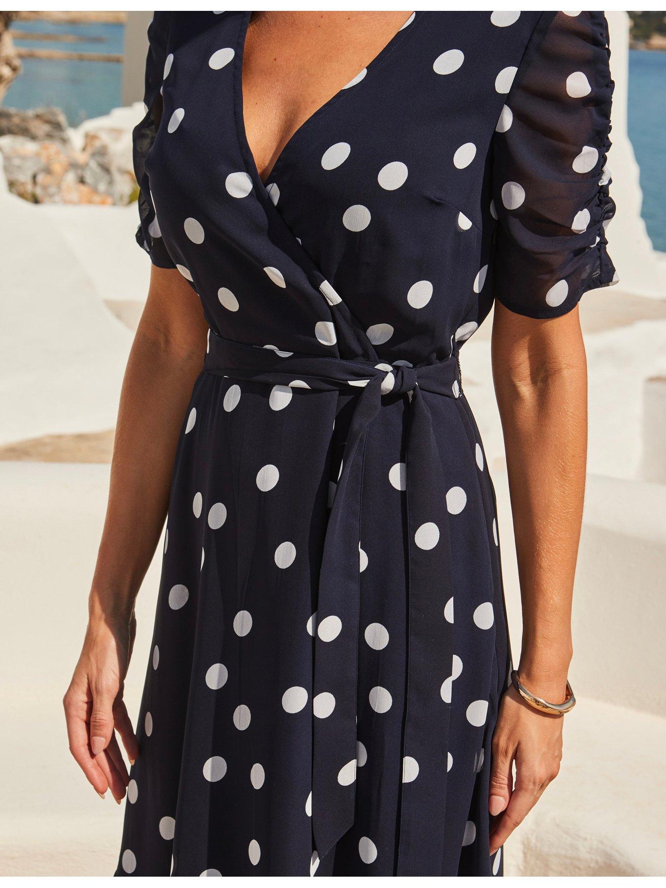 Image 2 of 5 of Sosandar Spot Print Belted Faux Wrap Dress - Blue / White