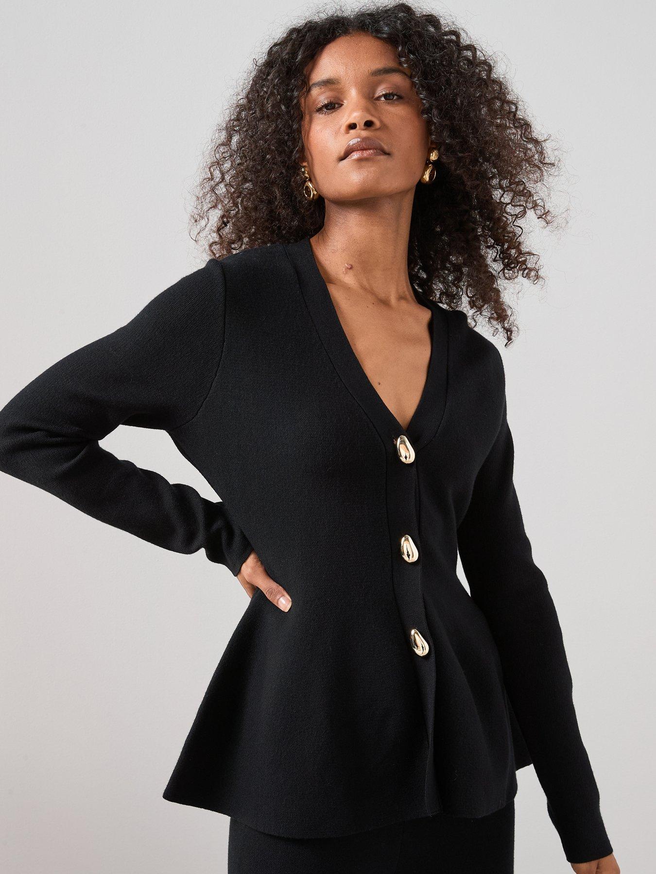 The Very Collection Button Detail Knitted Peplum Cardigan Coord - Black