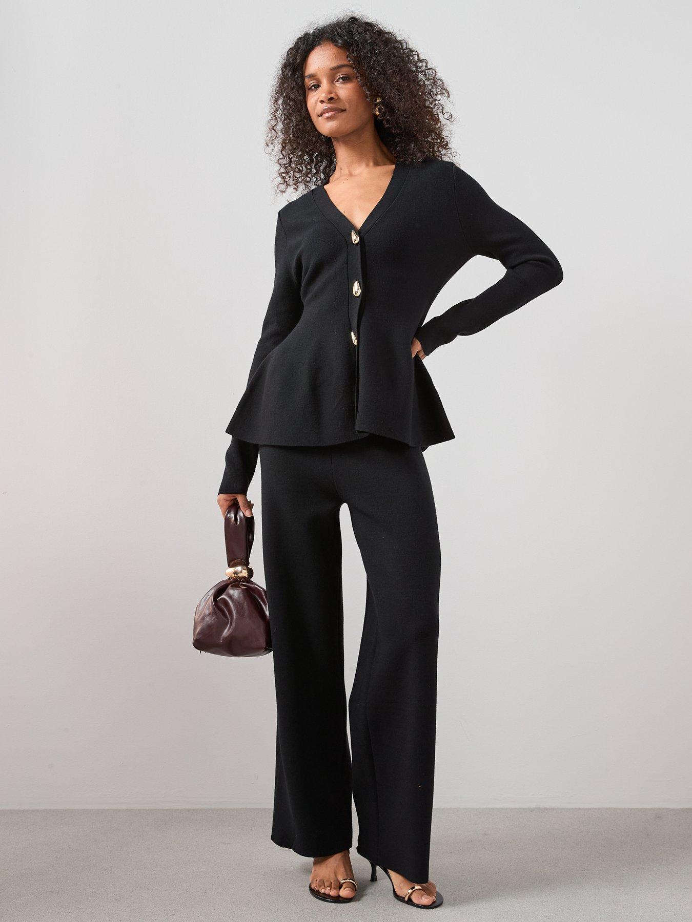  image of the-very-collection-button-detail-knitted-peplum-cardigan-coord-black