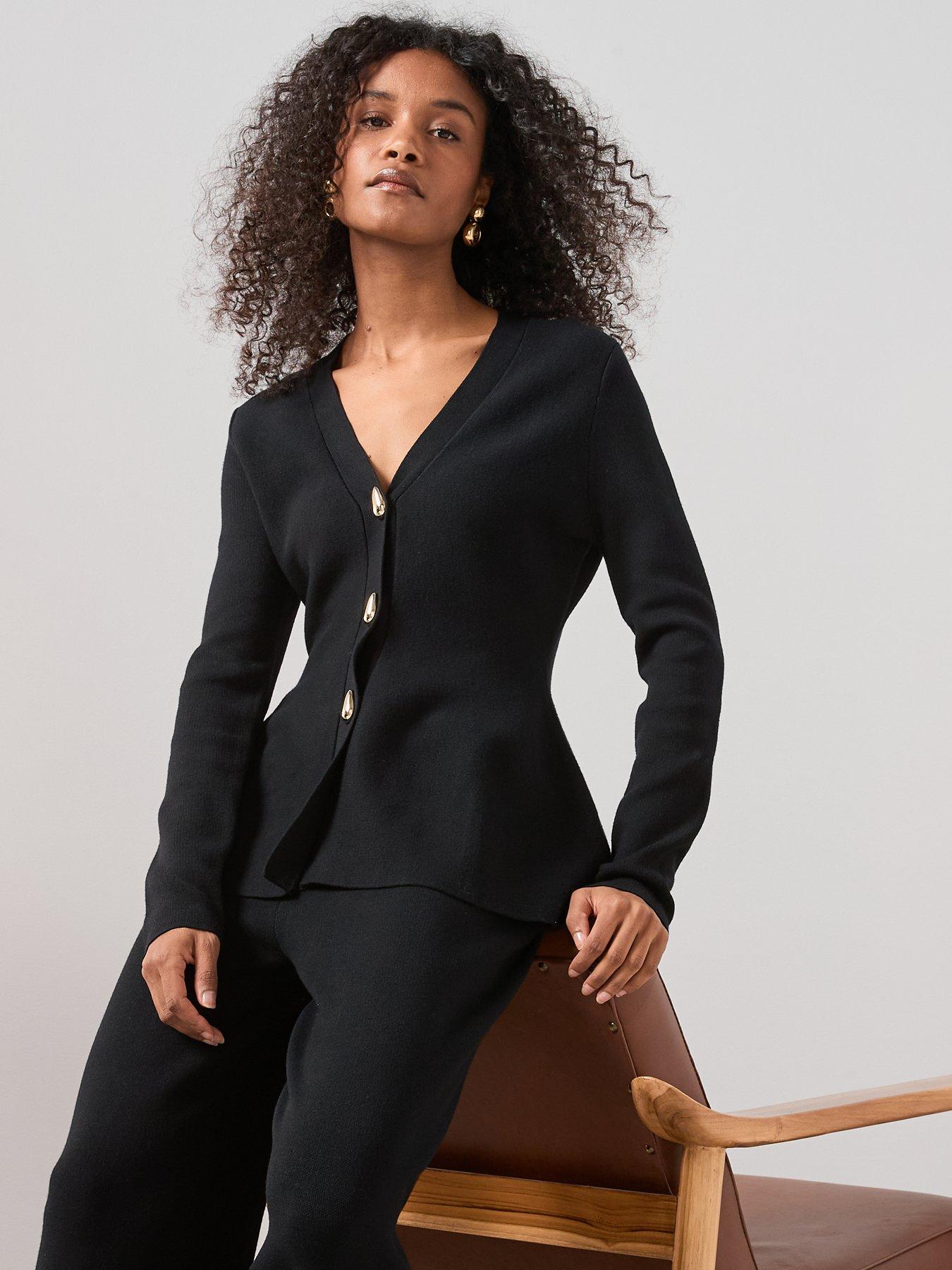  image of the-very-collection-button-detail-knitted-peplum-cardigan-coord-black
