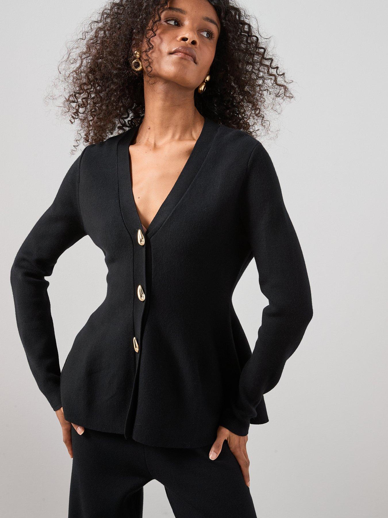  image of the-very-collection-button-detail-knitted-peplum-cardigan-coord-black