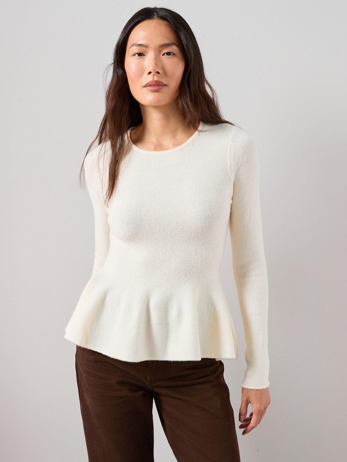 Image 1 of 7 of The Very Collection Crew Neck Peplum Jumper With Wool - Cream
