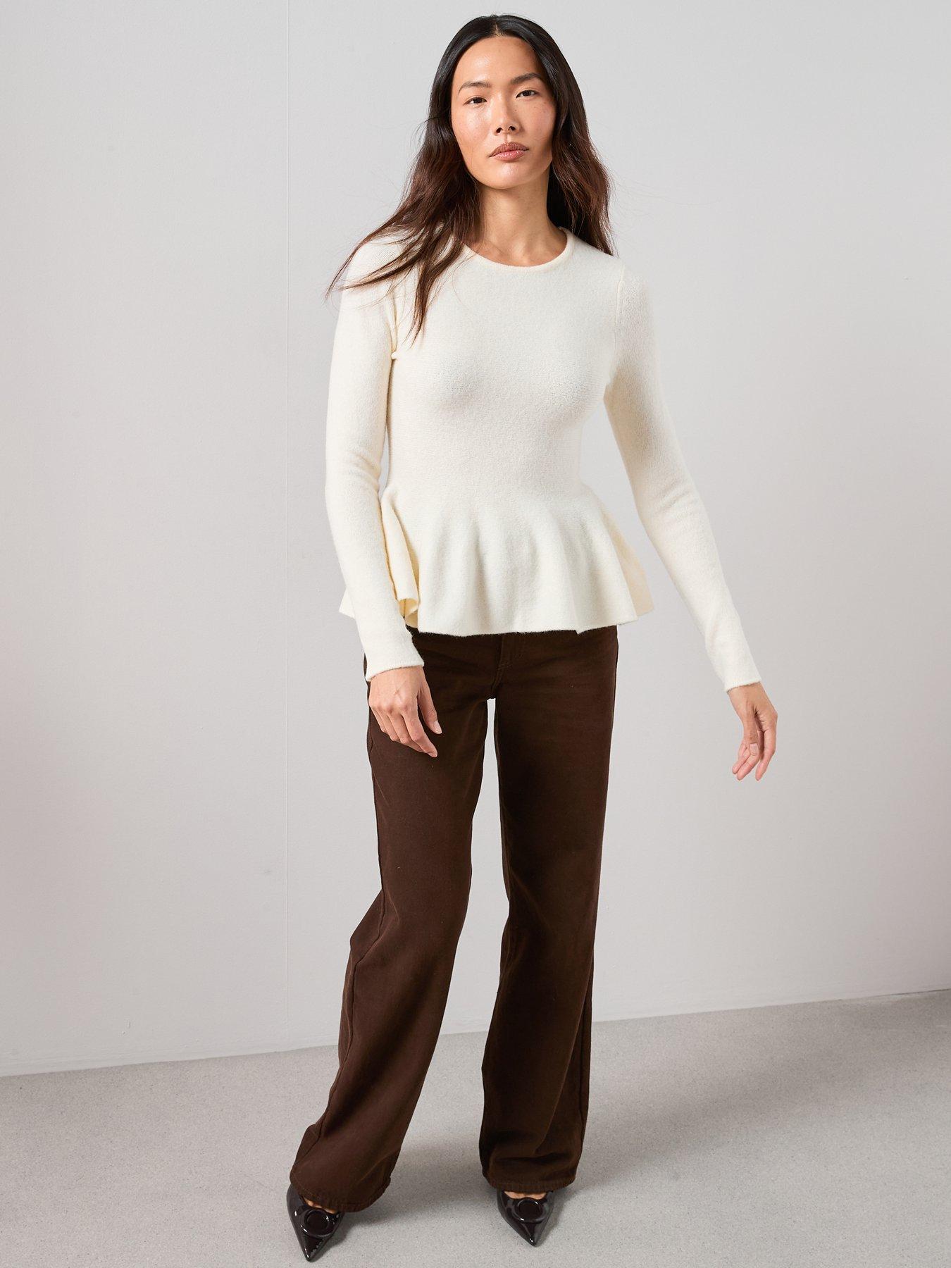 Image 3 of 7 of The Very Collection Crew Neck Peplum Jumper With Wool - Cream