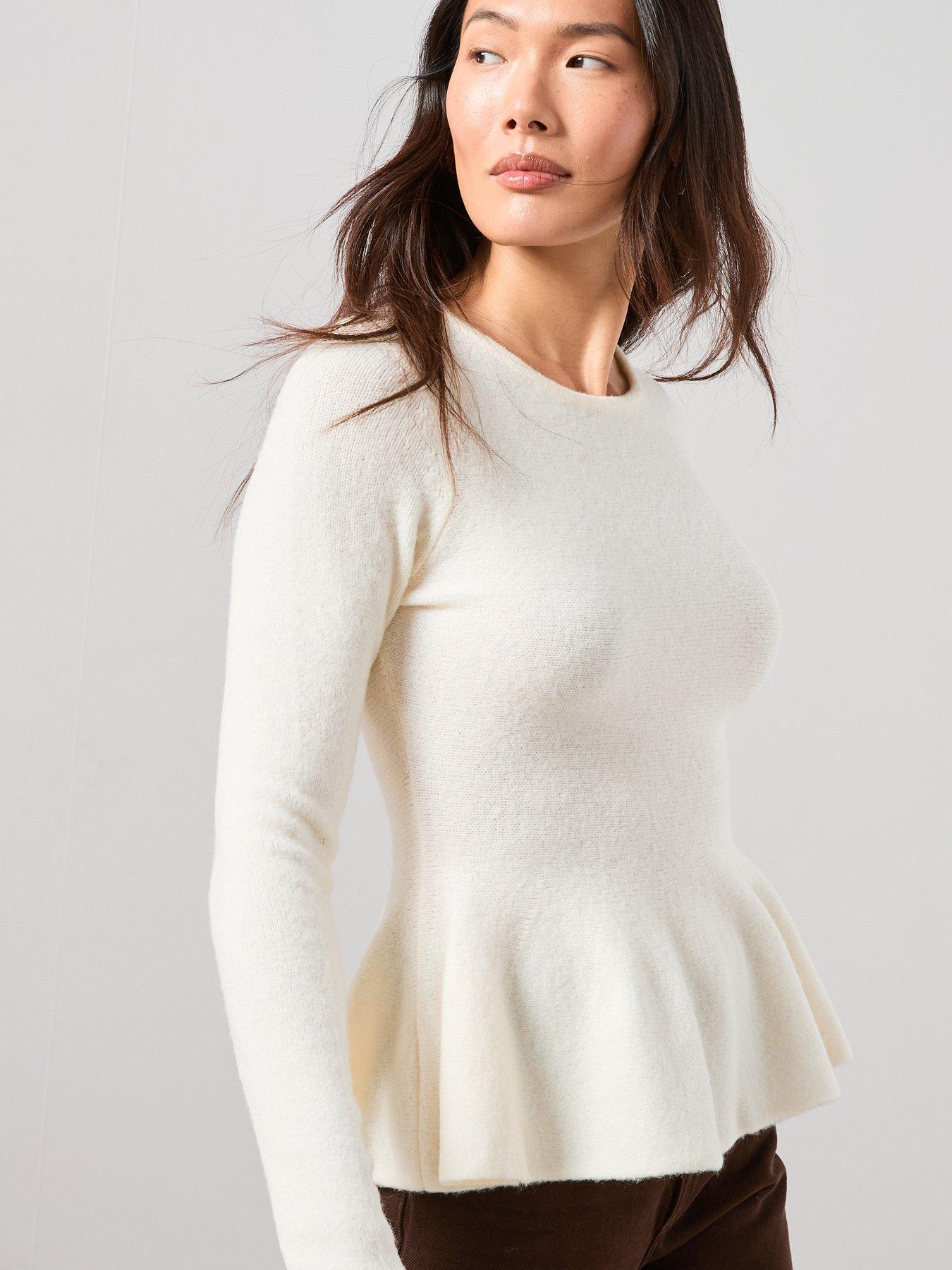 Image 4 of 7 of The Very Collection Crew Neck Peplum Jumper With Wool - Cream