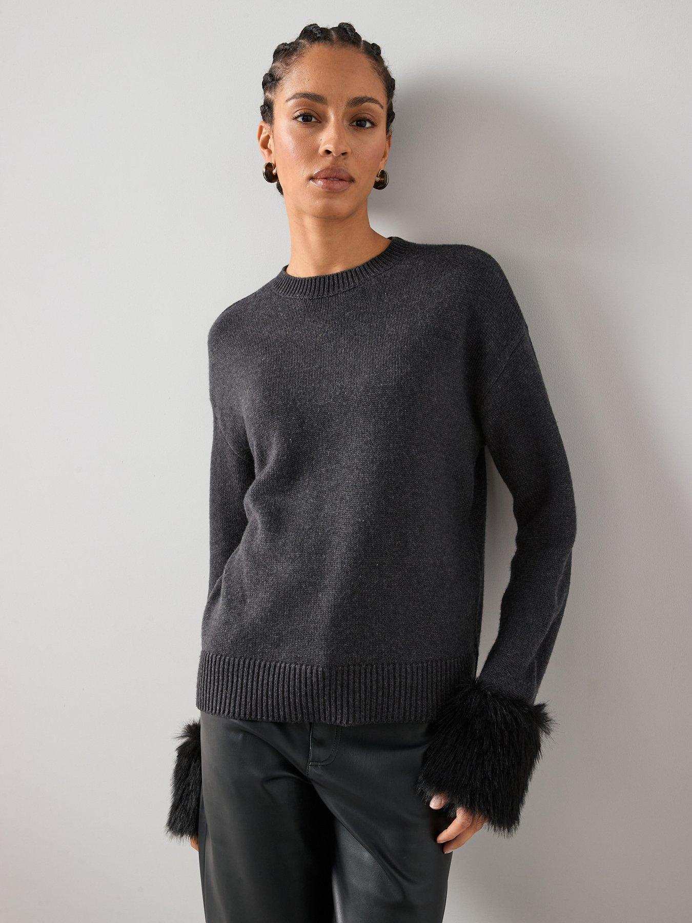 Image 1 of 7 of The Very Collection Crew Neck Detachable Fur Cuff Jumper With Wool - Grey