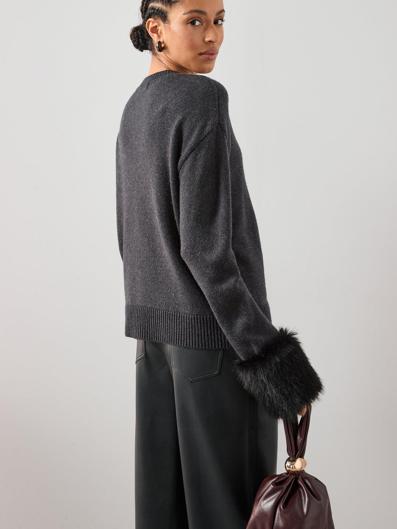 Image 2 of 7 of The Very Collection Crew Neck Detachable Fur Cuff Jumper With Wool - Grey