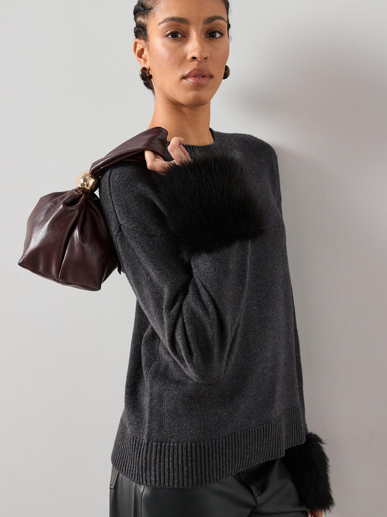 Image 4 of 7 of The Very Collection Crew Neck Detachable Fur Cuff Jumper With Wool - Grey