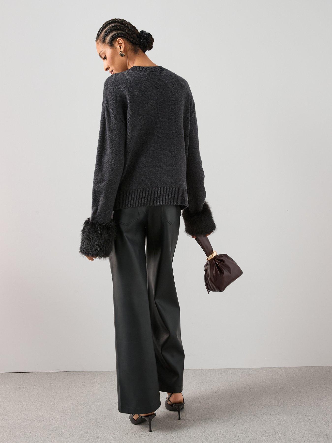 Image 5 of 7 of The Very Collection Crew Neck Detachable Fur Cuff Jumper With Wool - Grey