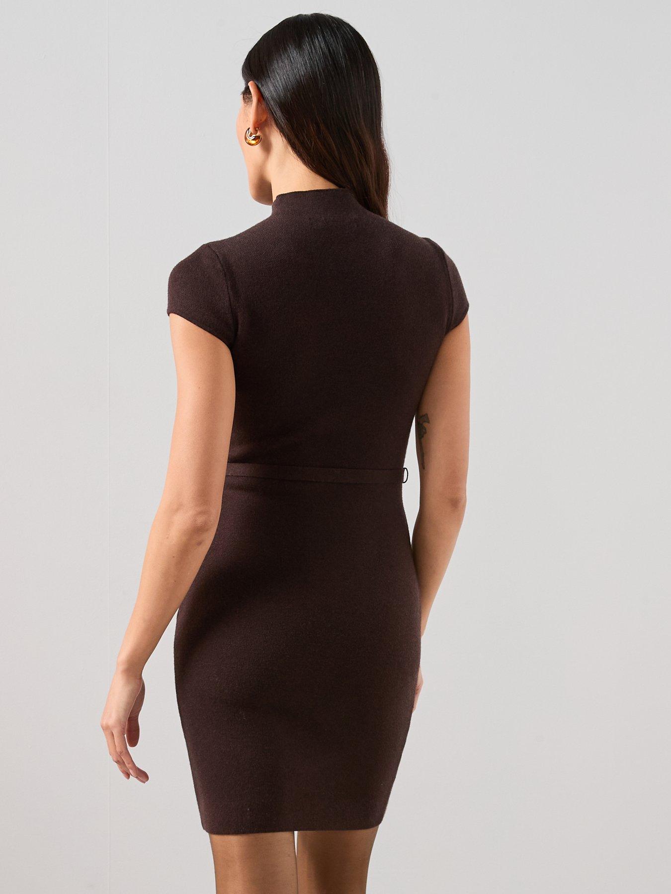 Image 5 of 7 of The Very Collection High Neck Knitted Belted Mini Dress - Brown