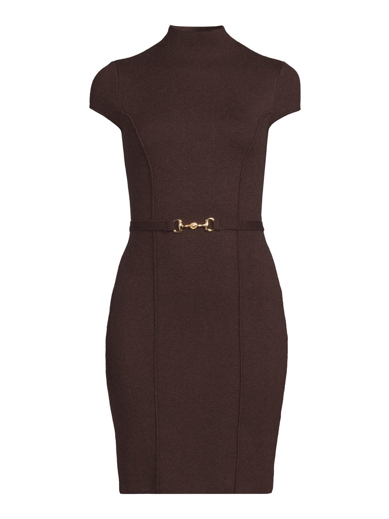 Image 7 of 7 of The Very Collection High Neck Knitted Belted Mini Dress - Brown