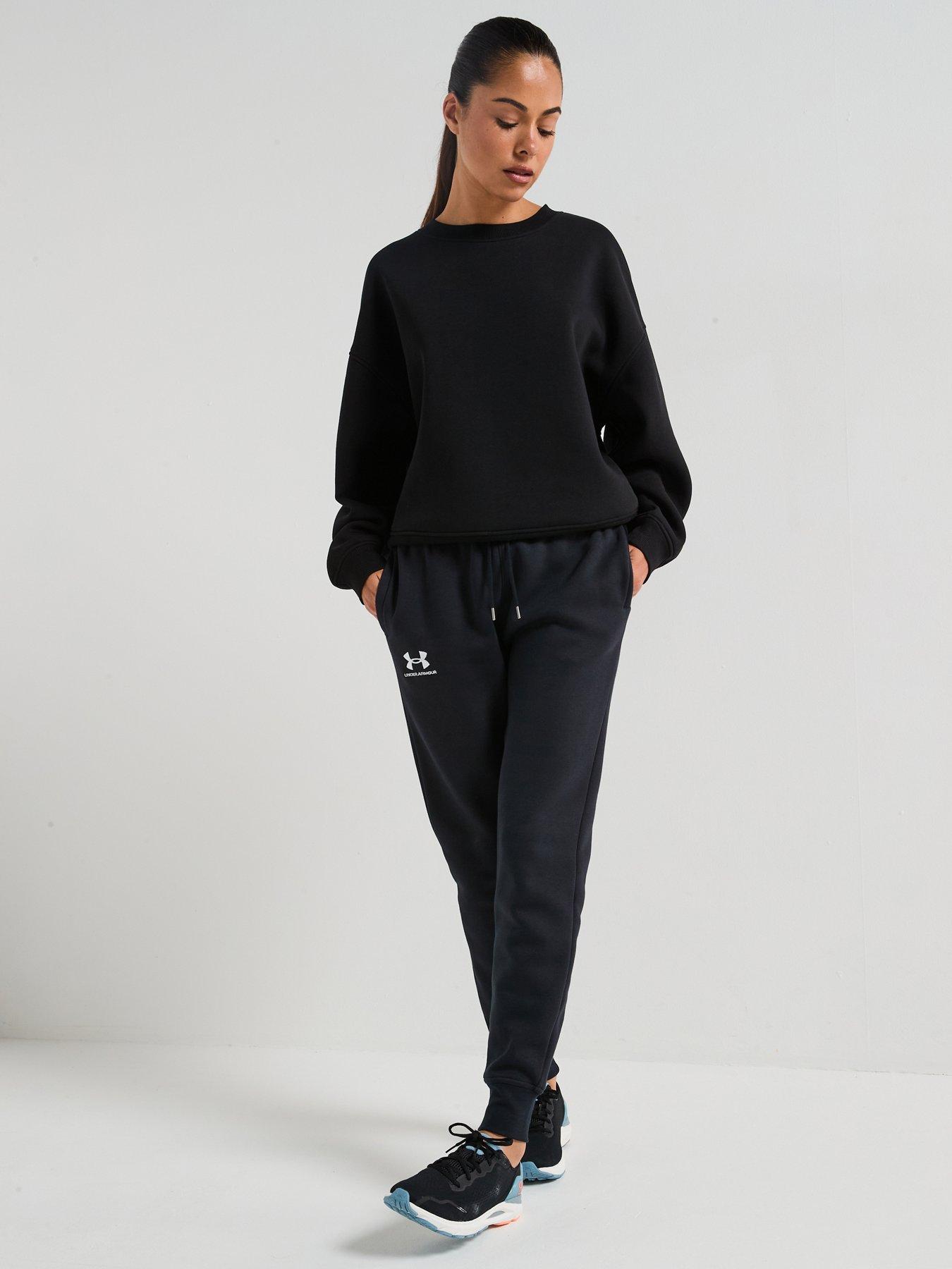 front image of under-armour-womens-training-icon-fleece-joggers-black