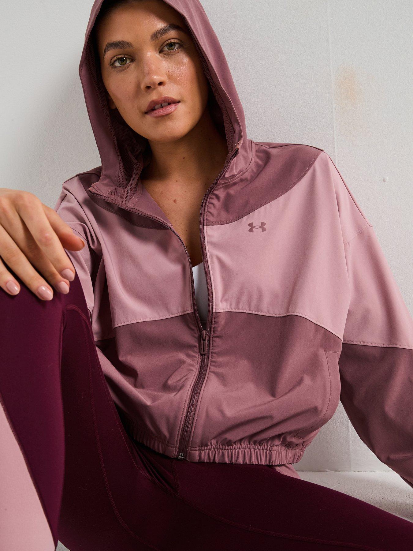  image of under-armour-womens-training-rival-woven-hooded-jacket-burgundy