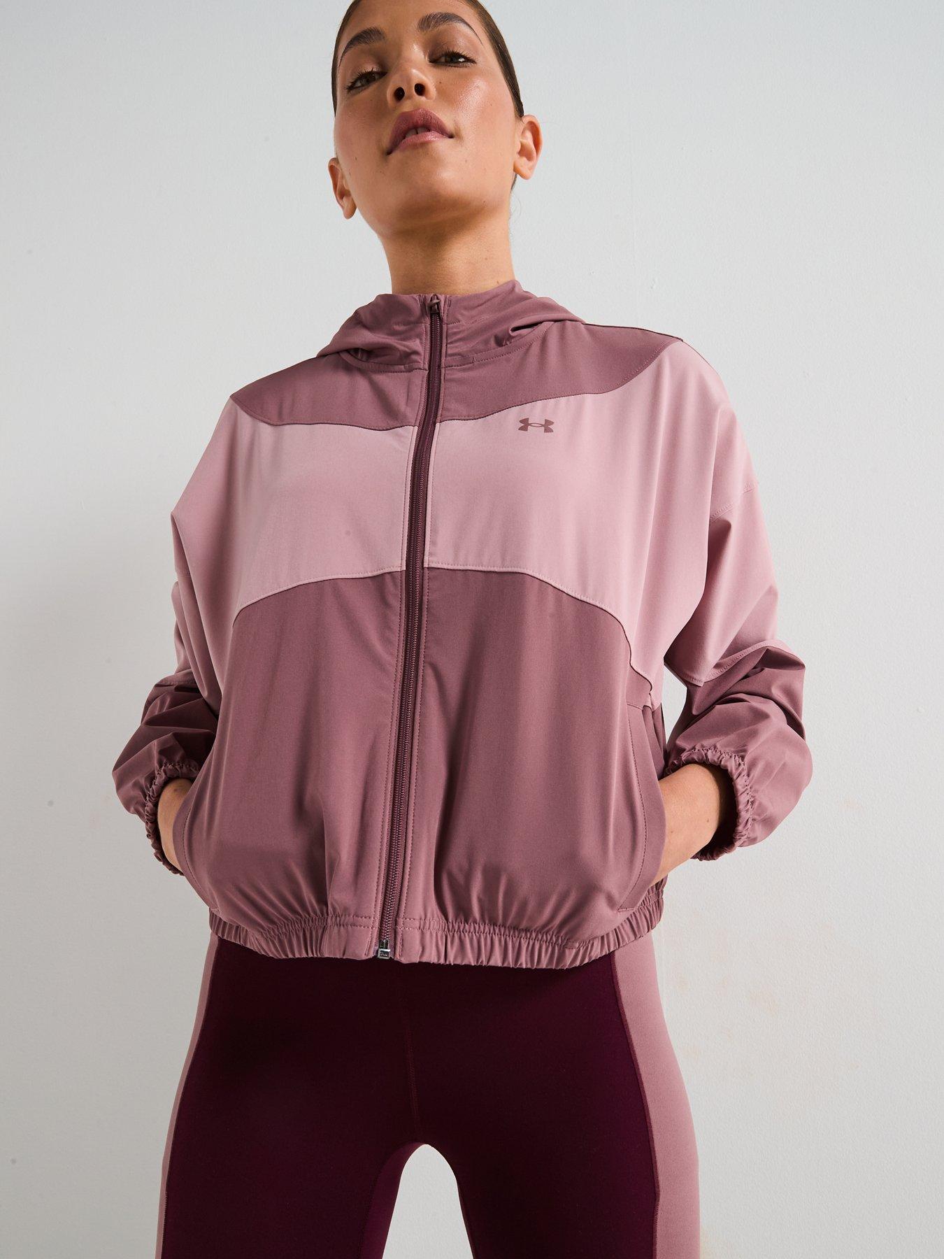  image of under-armour-womens-training-rival-woven-hooded-jacket-burgundy