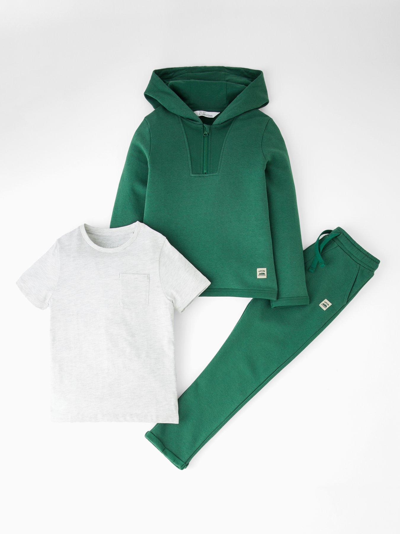  image of the-very-collection-boys-3-piece-soft-hoodie-joggers-and-t-shirt-set-green