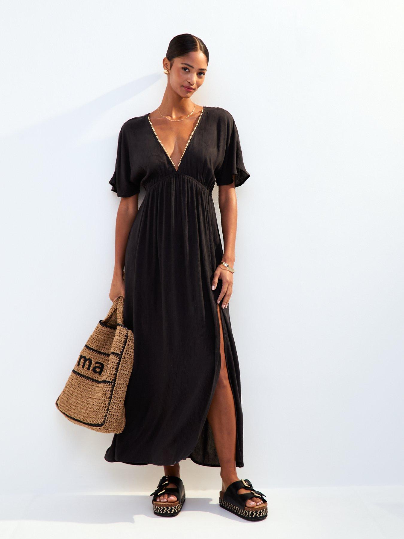 undefined Black Bead Trim Short Sleeve Maxi Dress